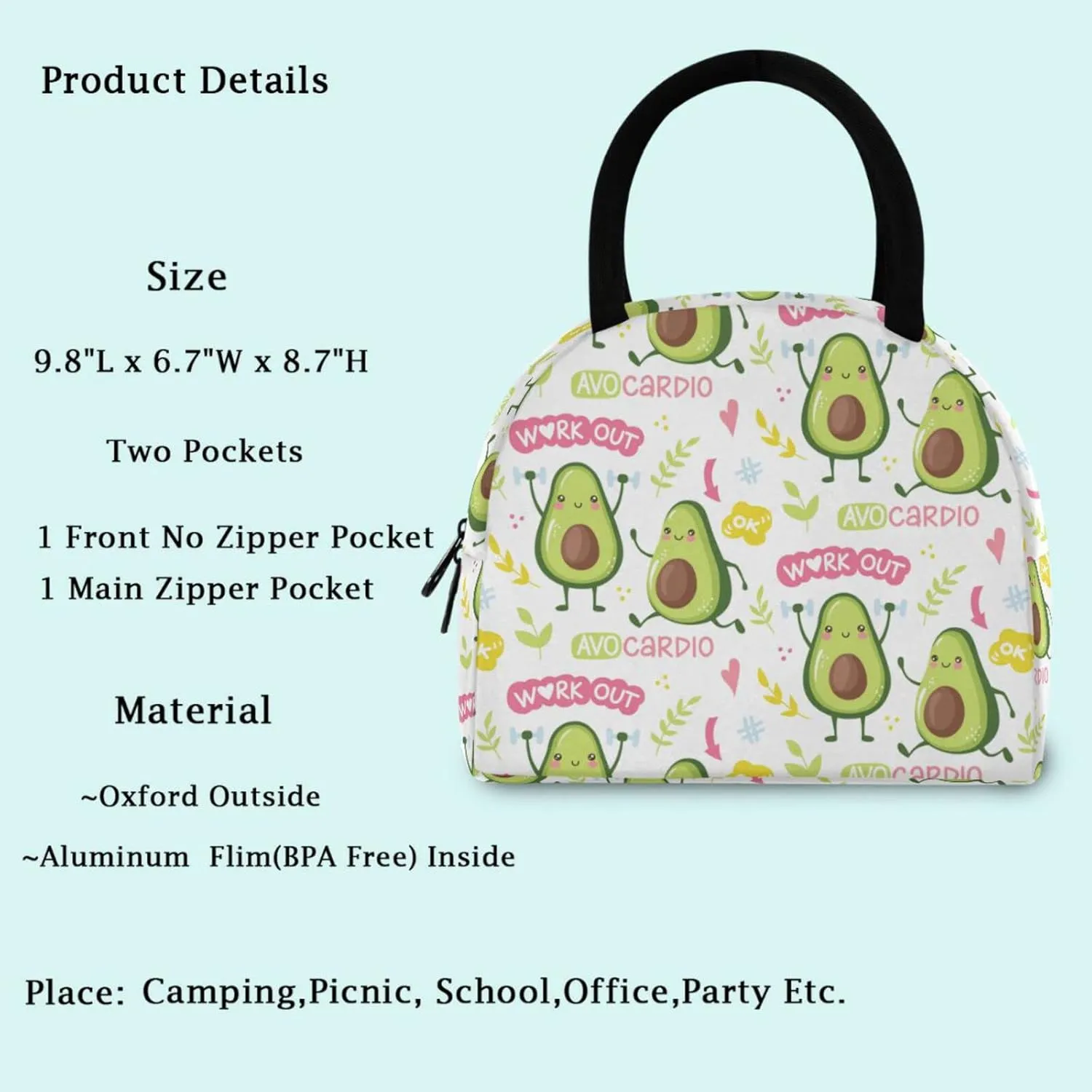 Cute Avocado Leaves Floral Reusable Lunch Hand Bag with Front Pocket Insulated Thermal Zipper Closure Cooler Container Bag for School Work Picnic Travel Fishing Beach