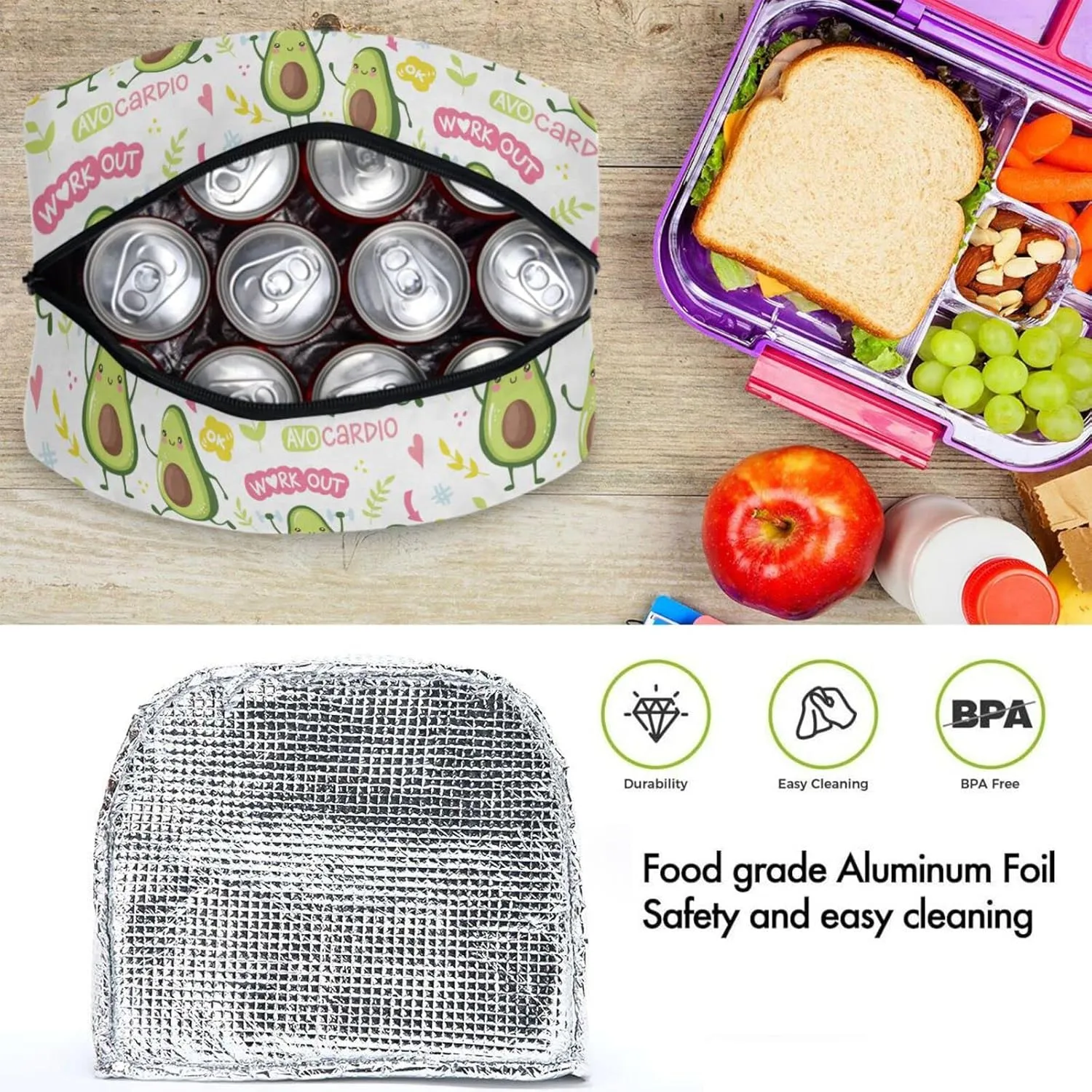 Cute Avocado Leaves Floral Reusable Lunch Hand Bag with Front Pocket Insulated Thermal Zipper Closure Cooler Container Bag for School Work Picnic Travel Fishing Beach