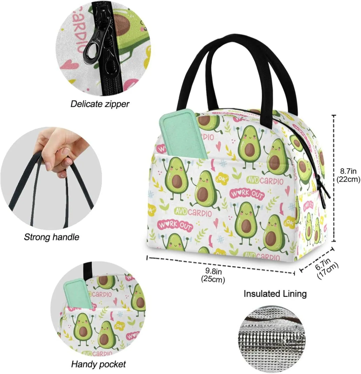 Cute Avocado Leaves Floral Reusable Lunch Hand Bag with Front Pocket Insulated Thermal Zipper Closure Cooler Container Bag for School Work Picnic Travel Fishing Beach