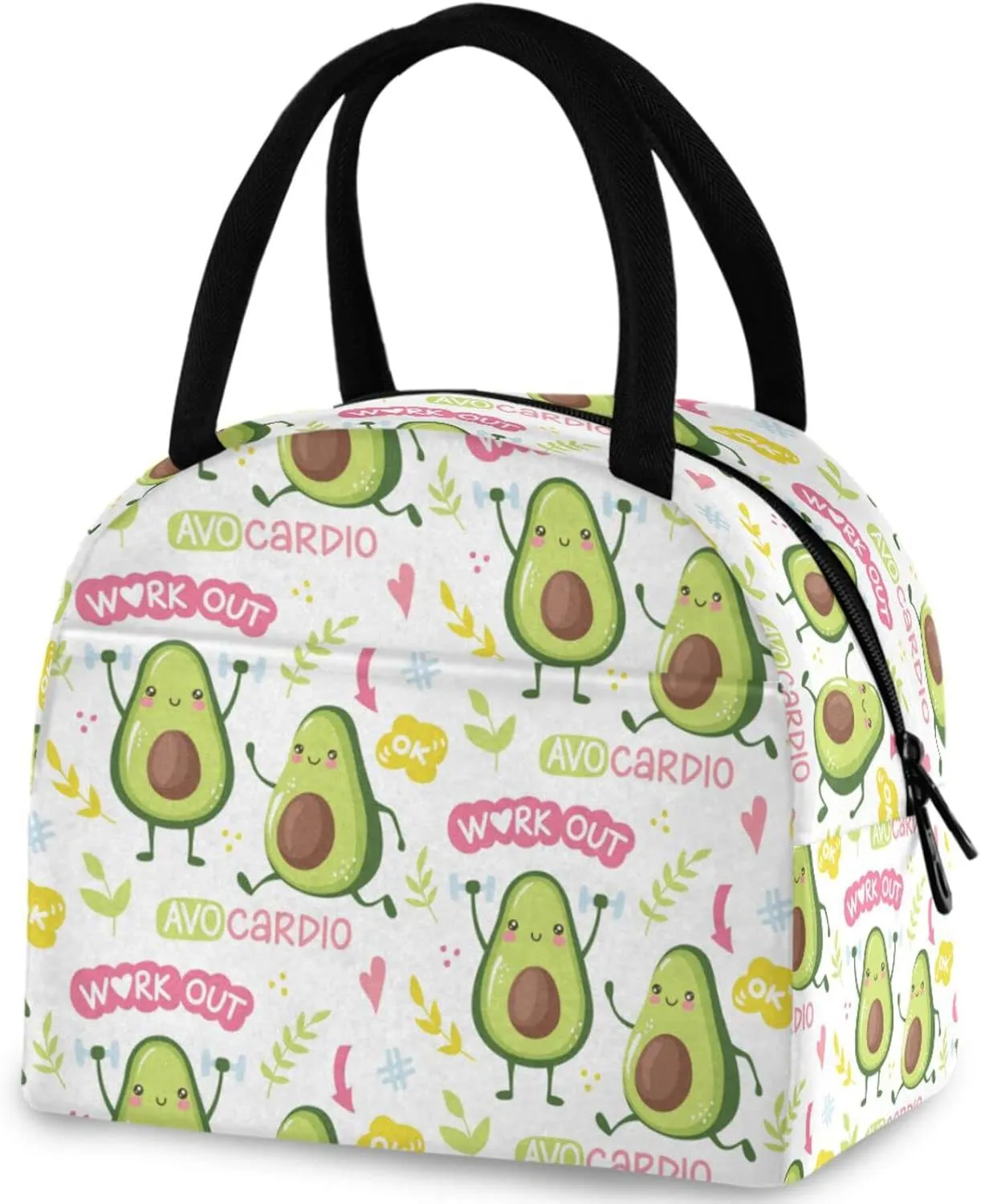Cute Avocado Leaves Floral Reusable Lunch Hand Bag with Front Pocket Insulated Thermal Zipper Closure Cooler Container Bag for School Work Picnic Travel Fishing Beach