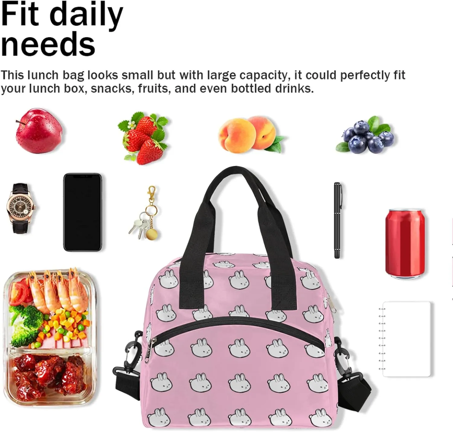 Cute Bunny Insulated Lunch Bag for Women Teen Girls Pink Kawaii Rabbit Large Cooler Thermal Lunch Box Durable Leakproof Tote Bag with Shoulder Strap for Work School Office Travel Meal Prep Bag