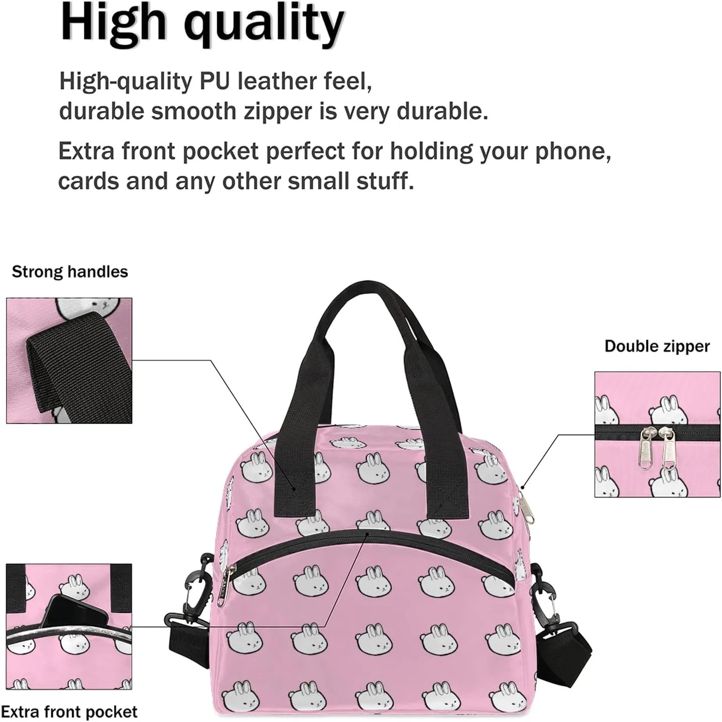 Cute Bunny Insulated Lunch Bag for Women Teen Girls Pink Kawaii Rabbit Large Cooler Thermal Lunch Box Durable Leakproof Tote Bag with Shoulder Strap for Work School Office Travel Meal Prep Bag