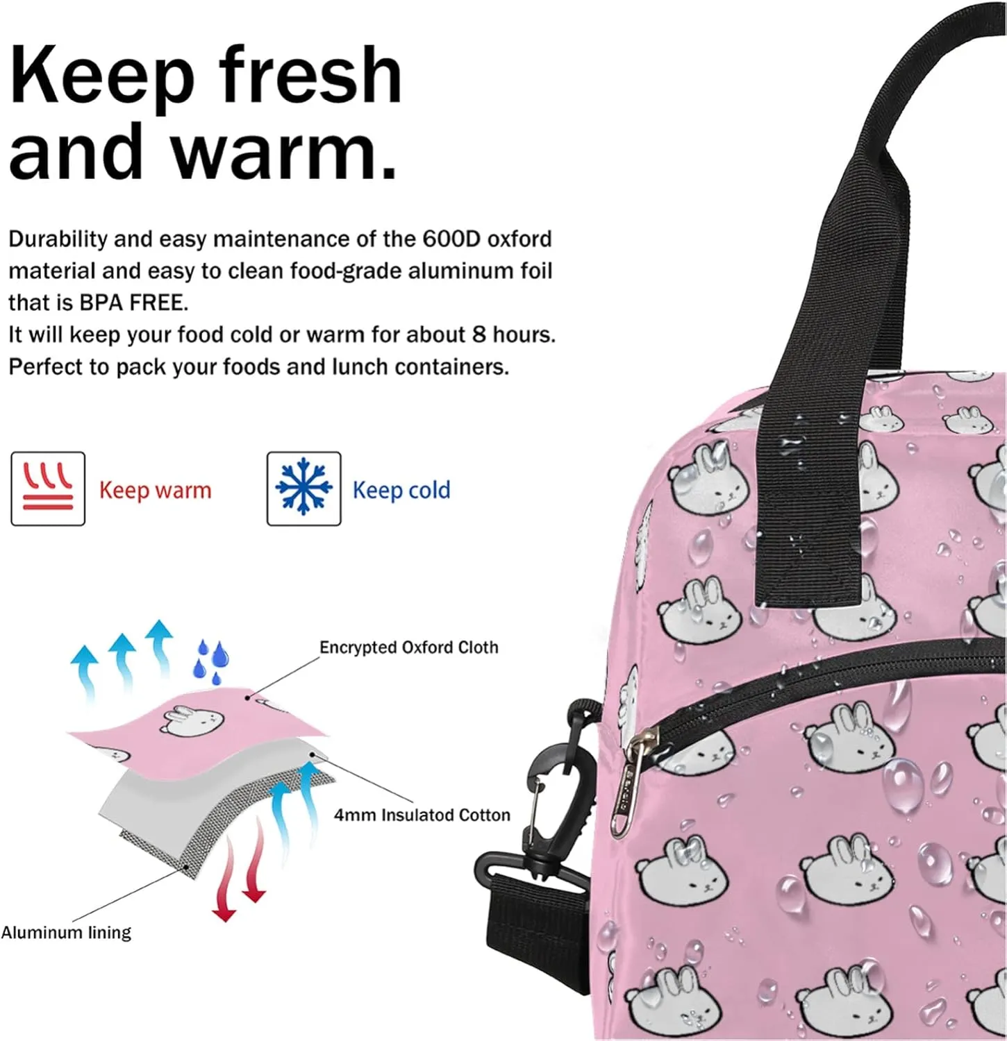 Cute Bunny Insulated Lunch Bag for Women Teen Girls Pink Kawaii Rabbit Large Cooler Thermal Lunch Box Durable Leakproof Tote Bag with Shoulder Strap for Work School Office Travel Meal Prep Bag