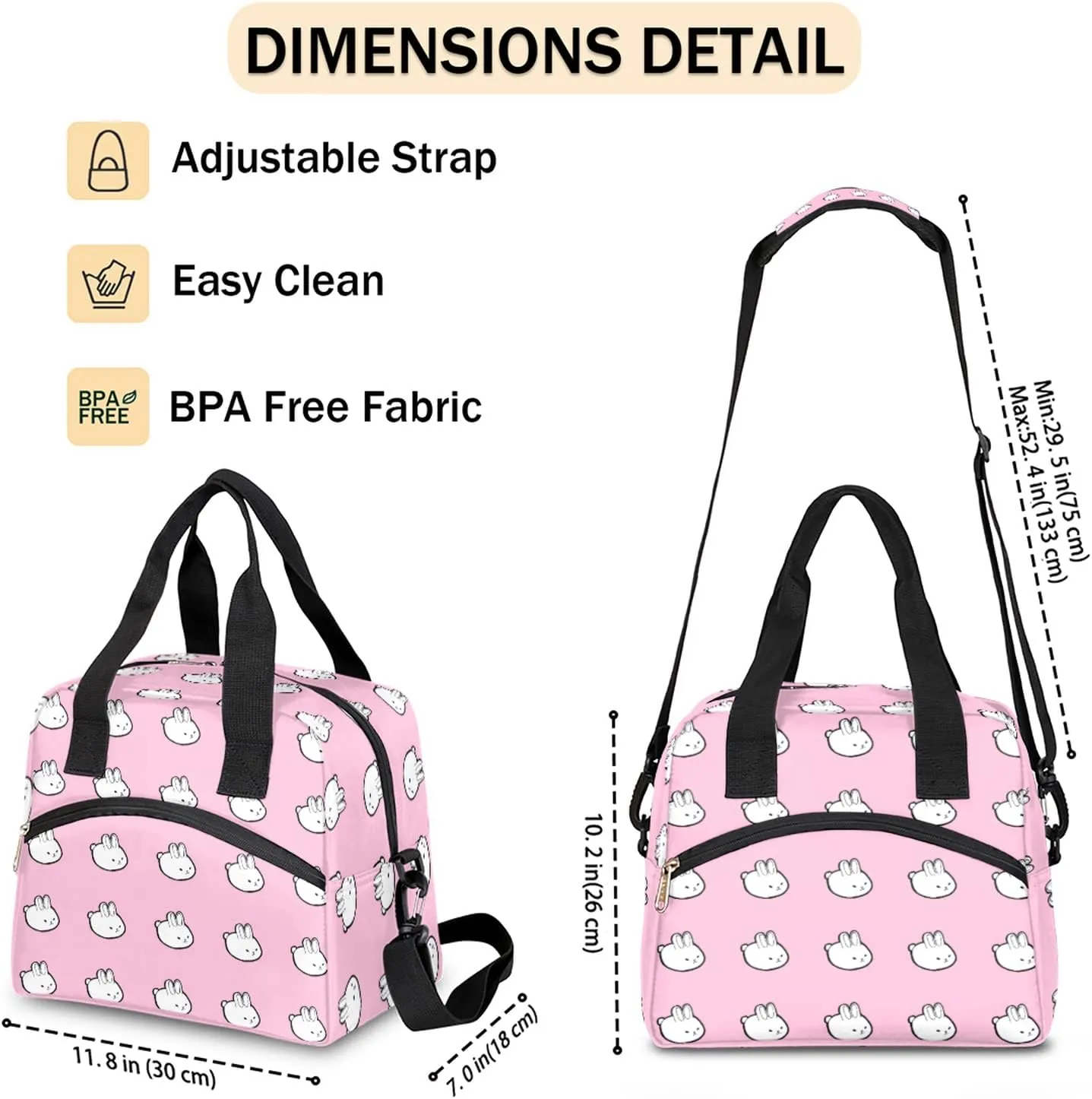 Cute Bunny Insulated Lunch Bag for Women Teen Girls Pink Kawaii Rabbit Large Cooler Thermal Lunch Box Durable Leakproof Tote Bag with Shoulder Strap for Work School Office Travel Meal Prep Bag
