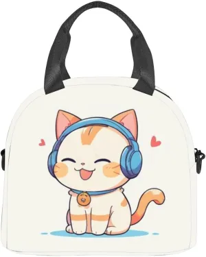 cute kitten kawai flat cute cat pastel cat lovers artwork copy Insulated Adult Lunch Bag with Shoulder Strap for Women Lightweight Reusable Portable Freezable Lunch Tote Bag for Work Picnic