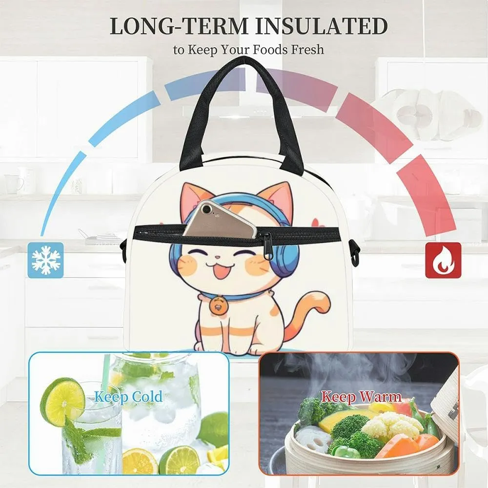 cute kitten kawai flat cute cat pastel cat lovers artwork copy Insulated Adult Lunch Bag with Shoulder Strap for Women Lightweight Reusable Portable Freezable Lunch Tote Bag for Work Picnic