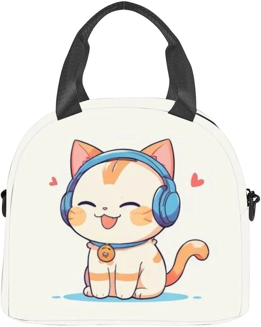 cute kitten kawai flat cute cat pastel cat lovers artwork copy Insulated Adult Lunch Bag with Shoulder Strap for Women Lightweight Reusable Portable Freezable Lunch Tote Bag for Work Picnic