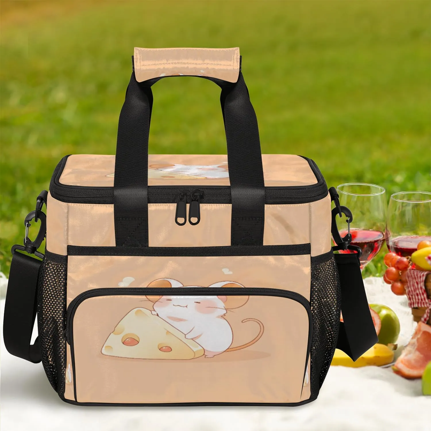 Cute Large Lunch Bag Insulated Thermal Lunchbox Reusable Leakproof Cooler Bags with Shoulder Strap for Adults Men Women Work Picnic, Mouse and Cheese