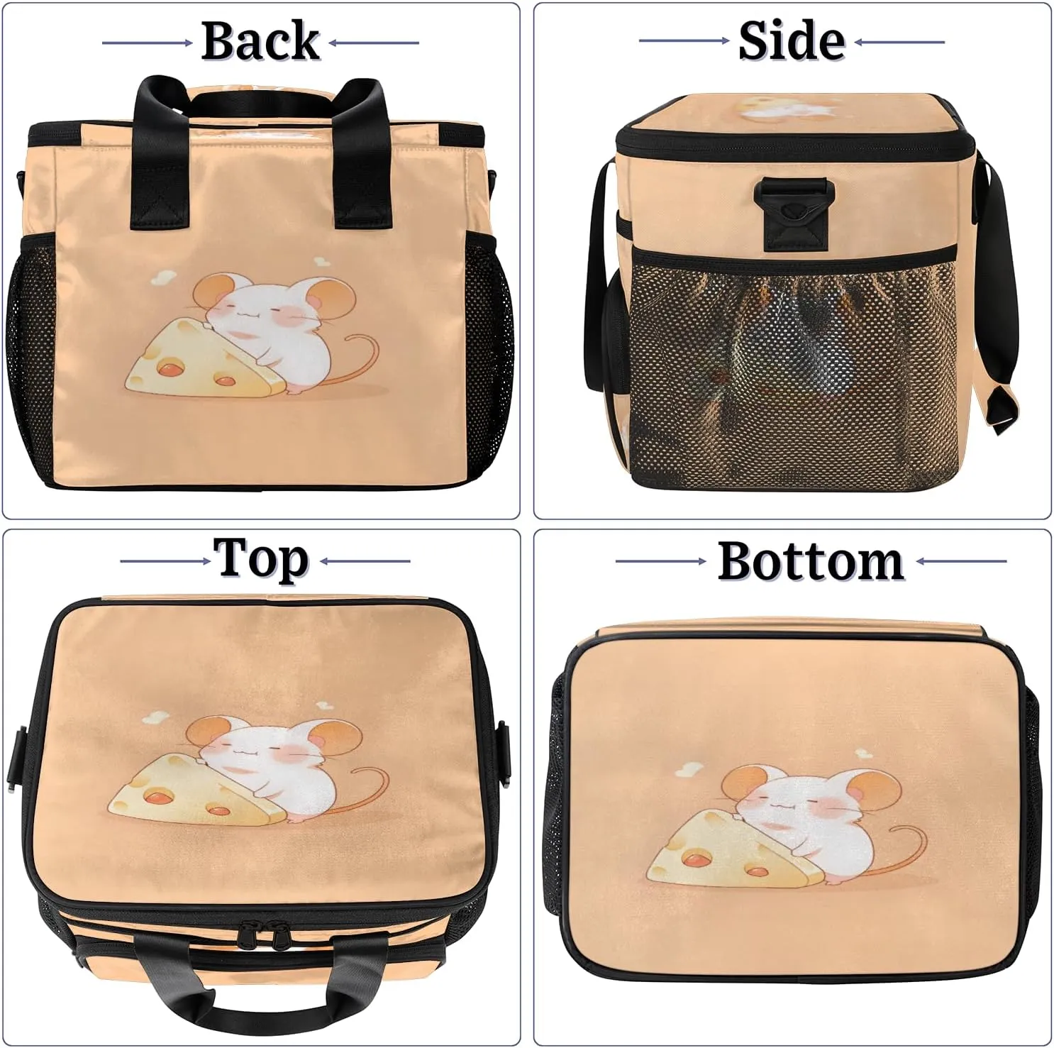 Cute Large Lunch Bag Insulated Thermal Lunchbox Reusable Leakproof Cooler Bags with Shoulder Strap for Adults Men Women Work Picnic, Mouse and Cheese