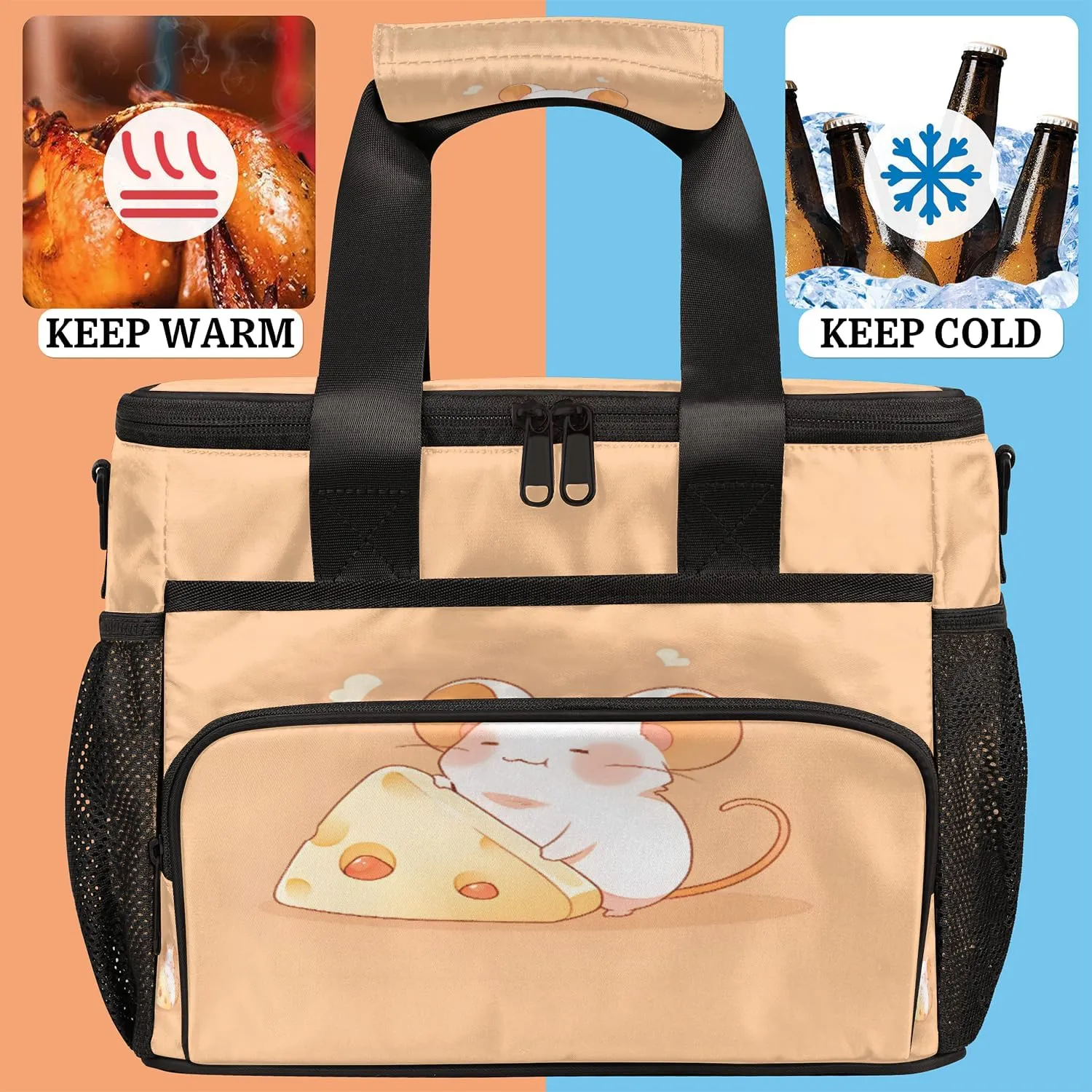Cute Large Lunch Bag Insulated Thermal Lunchbox Reusable Leakproof Cooler Bags with Shoulder Strap for Adults Men Women Work Picnic, Mouse and Cheese