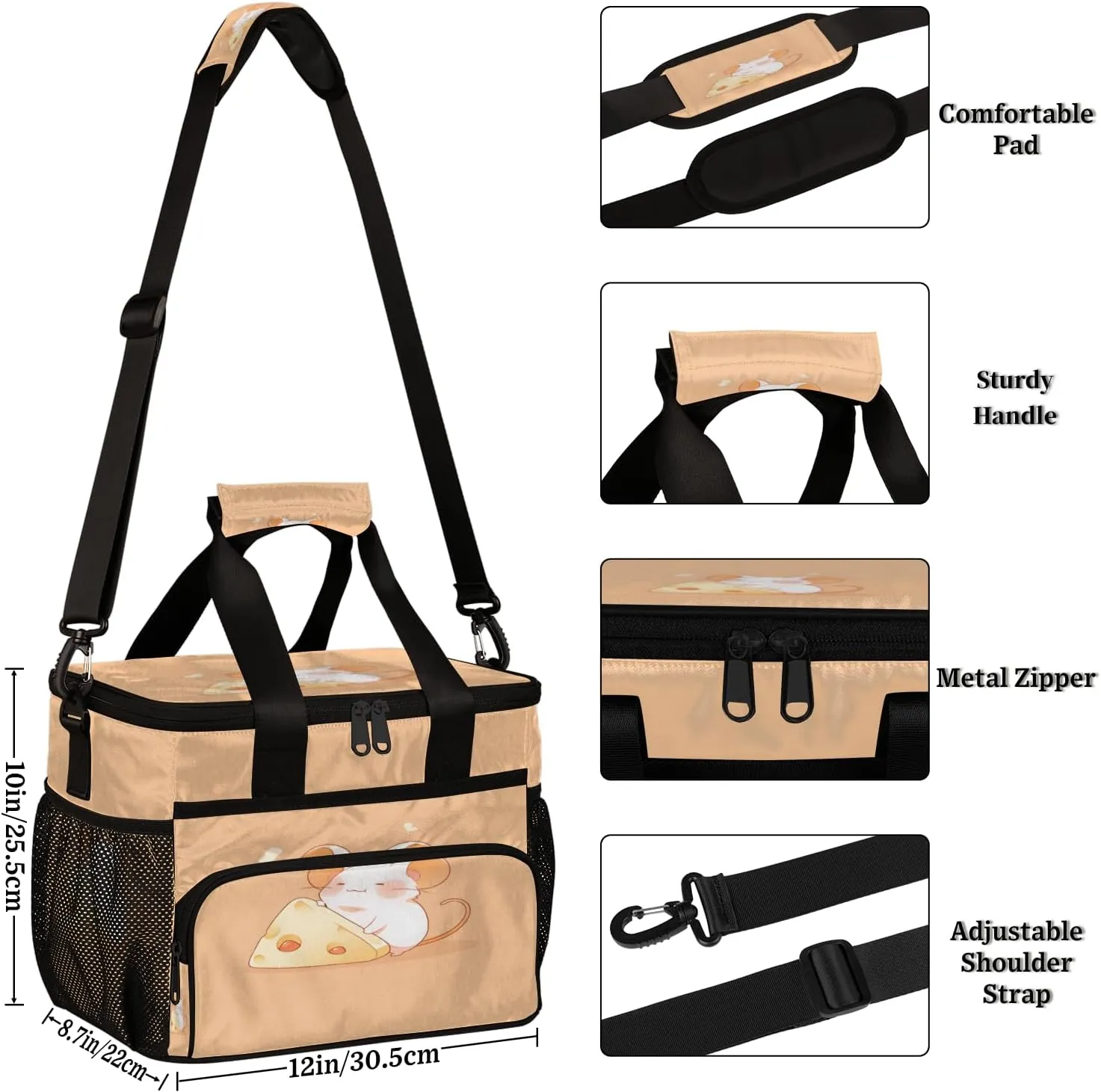 Cute Large Lunch Bag Insulated Thermal Lunchbox Reusable Leakproof Cooler Bags with Shoulder Strap for Adults Men Women Work Picnic, Mouse and Cheese