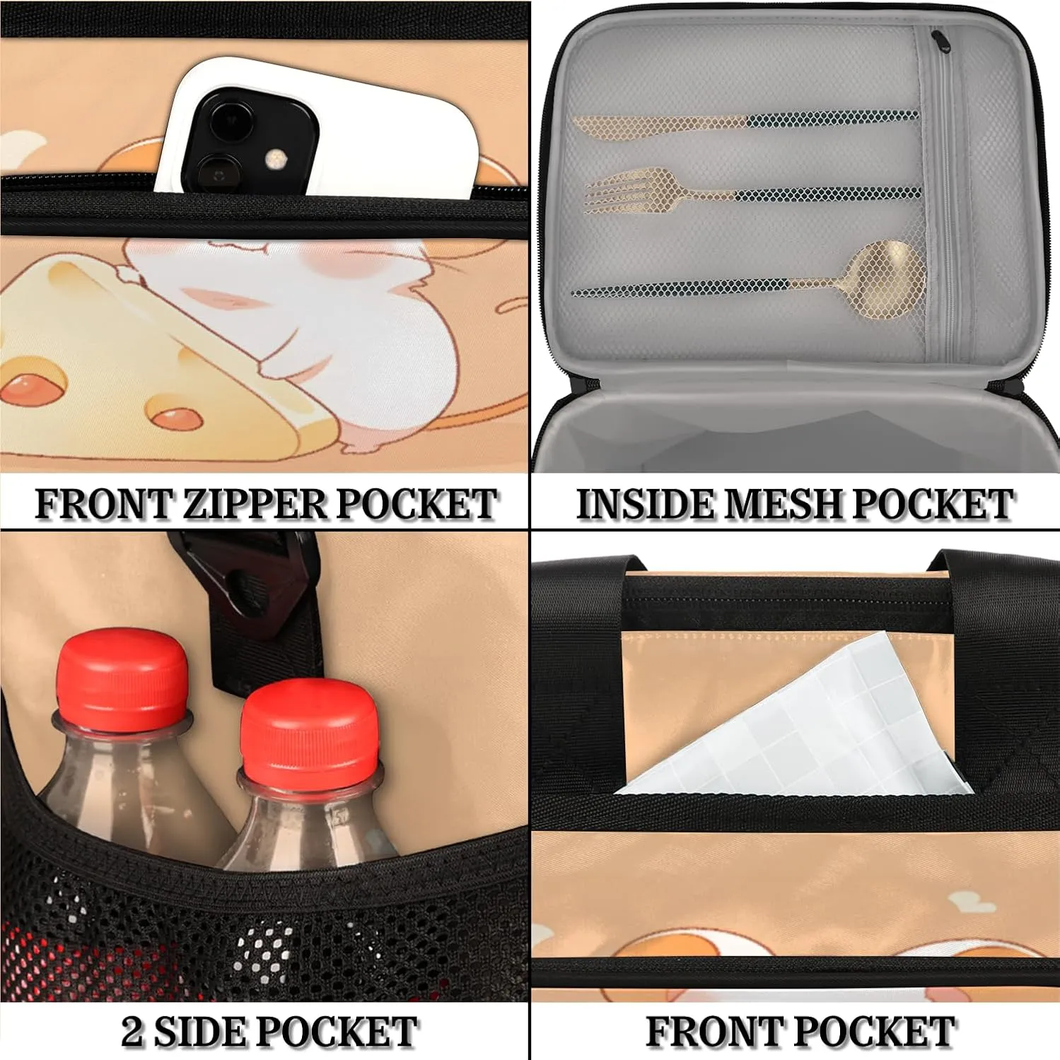 Cute Large Lunch Bag Insulated Thermal Lunchbox Reusable Leakproof Cooler Bags with Shoulder Strap for Adults Men Women Work Picnic, Mouse and Cheese