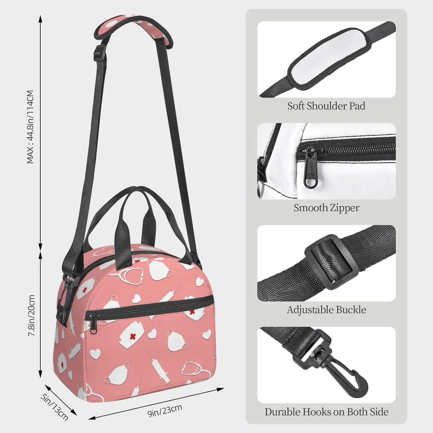 Cute Nurse Insulated Lunch Bag,Waterproof Thermal Meal Tote,Adjustable Shoulder Strap and Reusable Lunch Box For Women,kids,Men -Work,School, Picnics,Travel,Beach,Fishing Black12