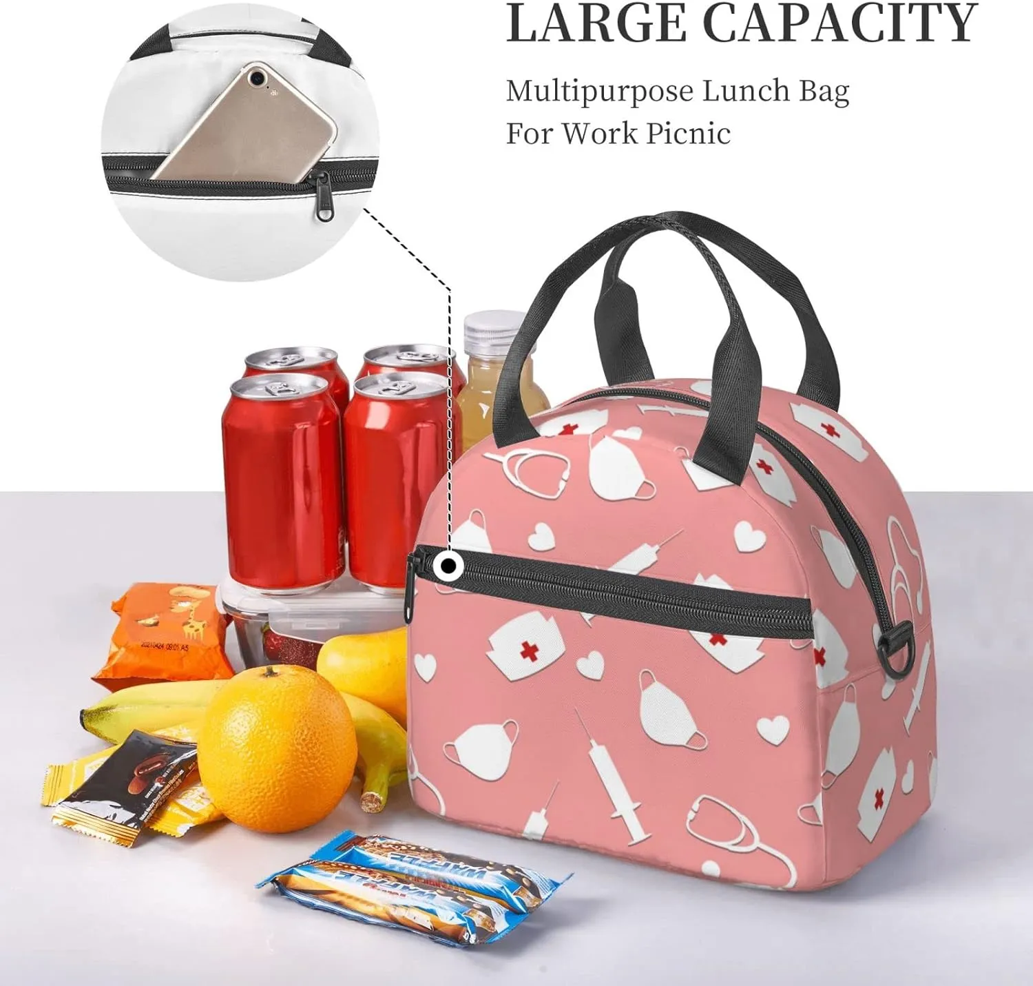 Cute Nurse Insulated Lunch Bag,Waterproof Thermal Meal Tote,Adjustable Shoulder Strap and Reusable Lunch Box For Women,kids,Men -Work,School, Picnics,Travel,Beach,Fishing Black12
