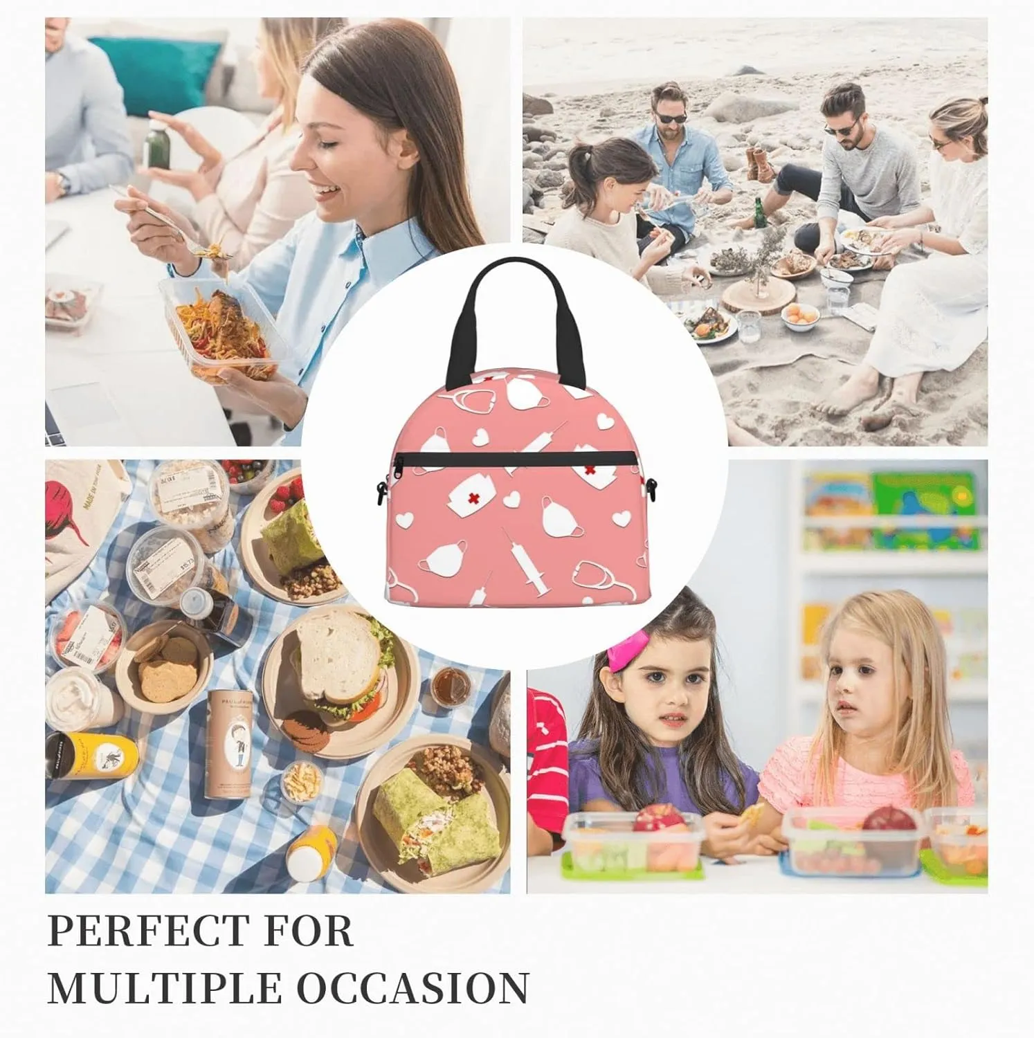 Cute Nurse Insulated Lunch Bag,Waterproof Thermal Meal Tote,Adjustable Shoulder Strap and Reusable Lunch Box For Women,kids,Men -Work,School, Picnics,Travel,Beach,Fishing Black12