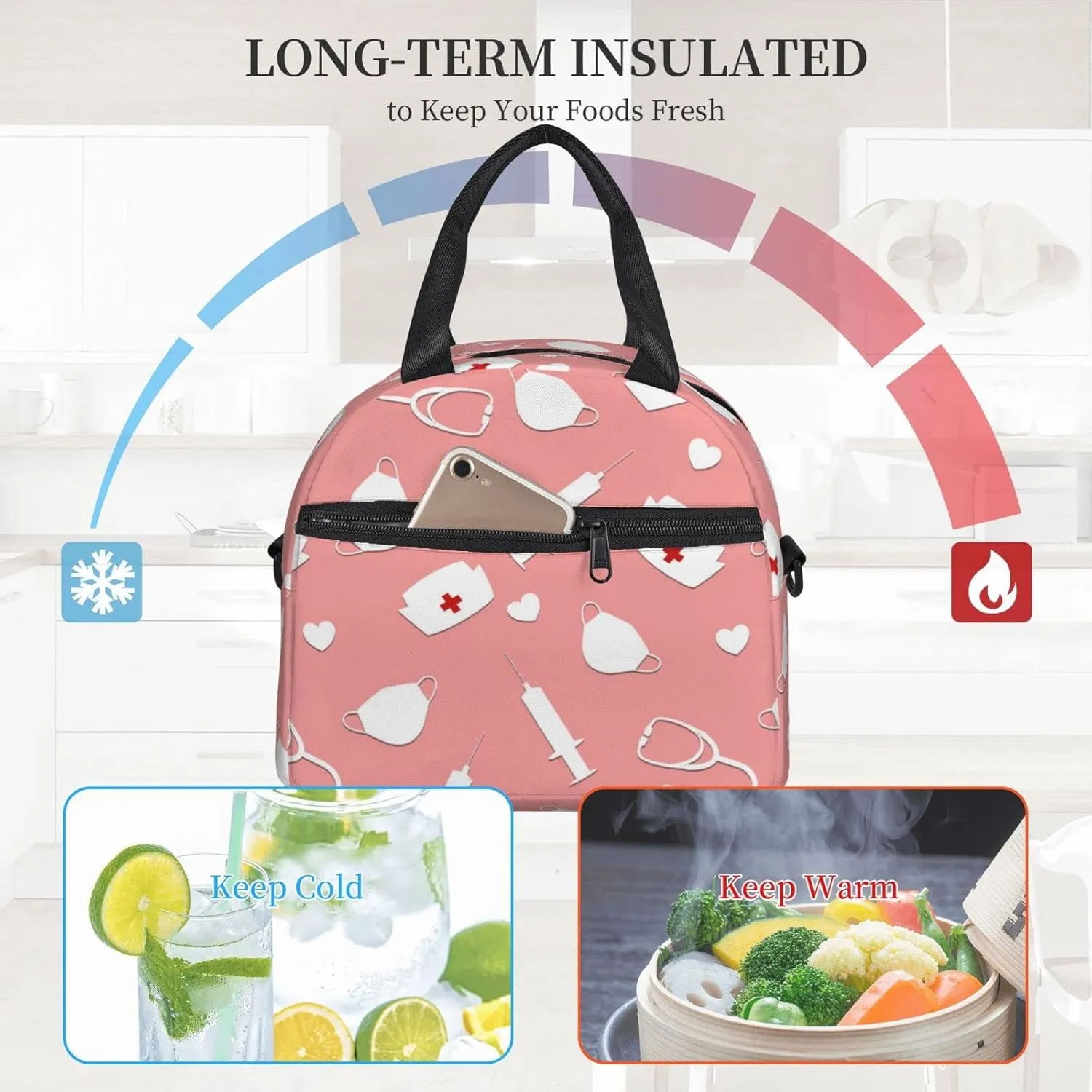Cute Nurse Insulated Lunch Bag,Waterproof Thermal Meal Tote,Adjustable Shoulder Strap and Reusable Lunch Box For Women,kids,Men -Work,School, Picnics,Travel,Beach,Fishing Black12