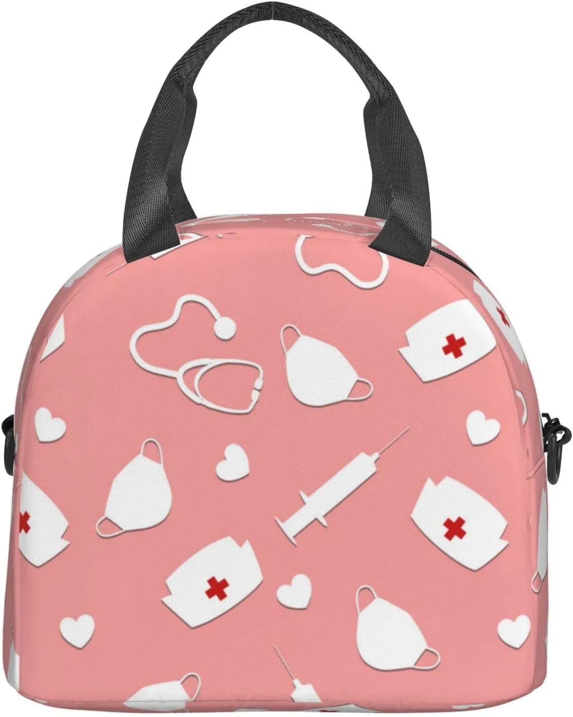 Cute Nurse Insulated Lunch Bag,Waterproof Thermal Meal Tote,Adjustable Shoulder Strap and Reusable Lunch Box For Women,kids,Men -Work,School, Picnics,Travel,Beach,Fishing Black12