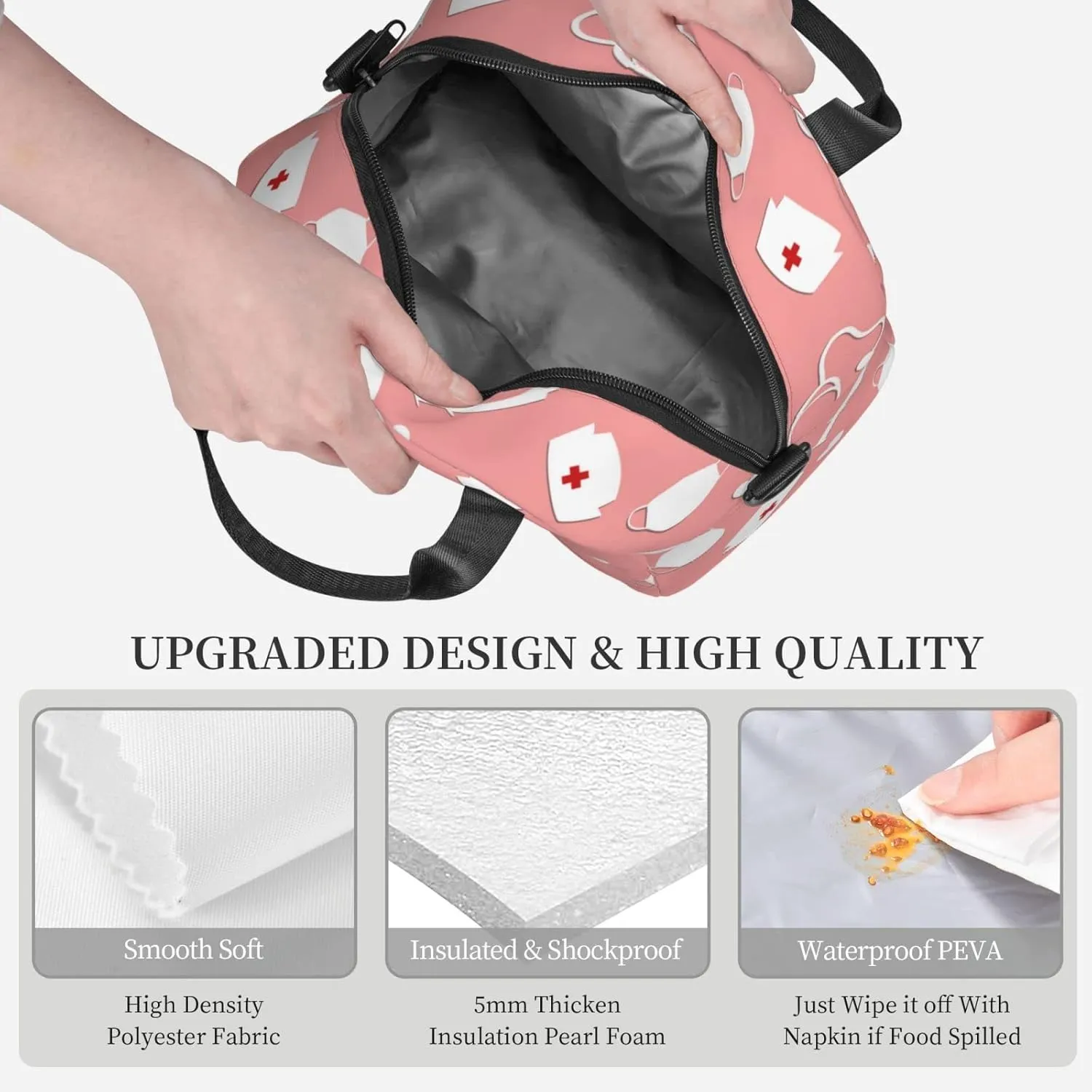 Cute Nurse Insulated Lunch Bag,Waterproof Thermal Meal Tote,Adjustable Shoulder Strap and Reusable Lunch Box For Women,kids,Men -Work,School, Picnics,Travel,Beach,Fishing Black12