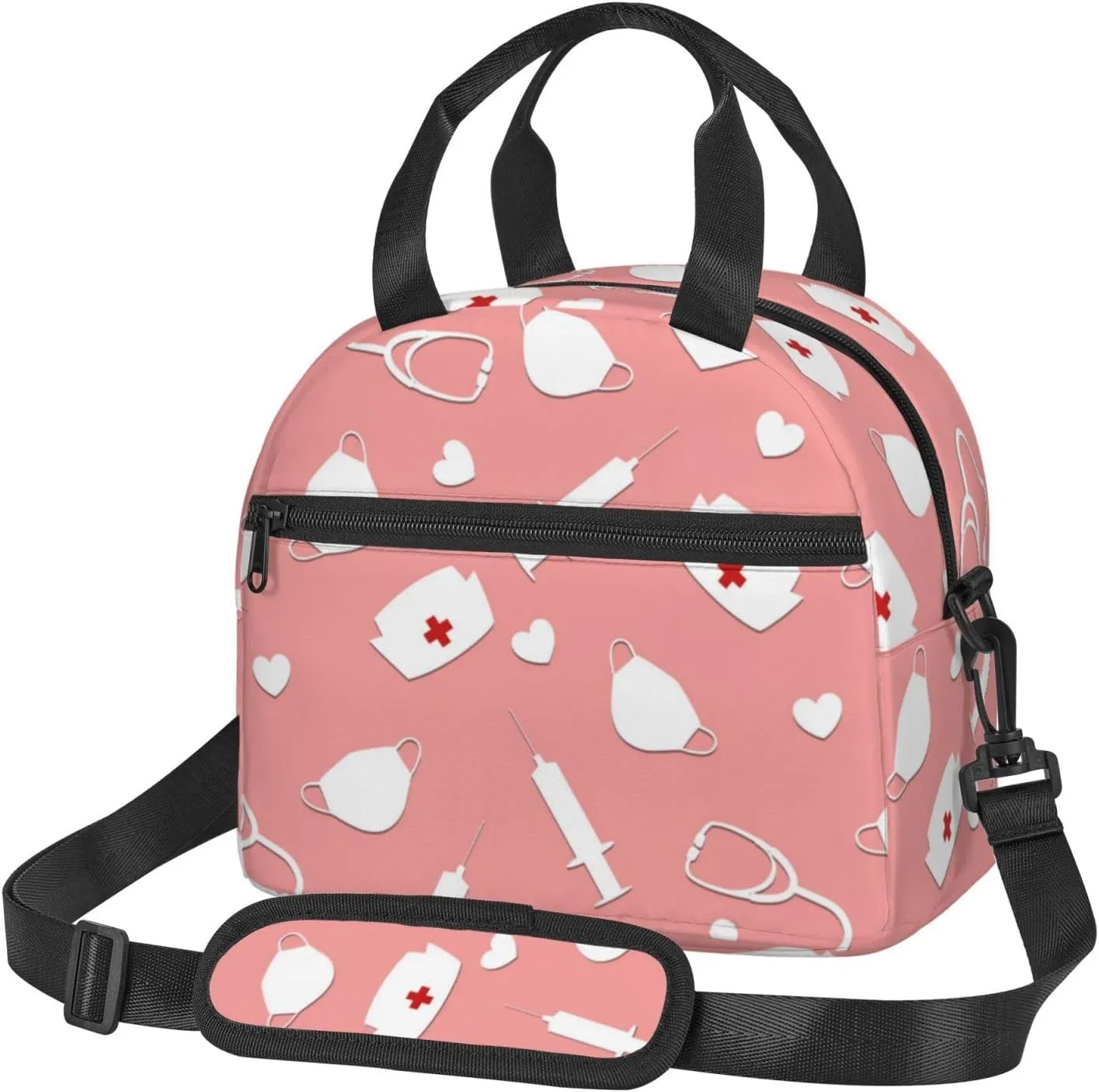 Cute Nurse Insulated Lunch Bag,Waterproof Thermal Meal Tote,Adjustable Shoulder Strap and Reusable Lunch Box For Women,kids,Men -Work,School, Picnics,Travel,Beach,Fishing Black12