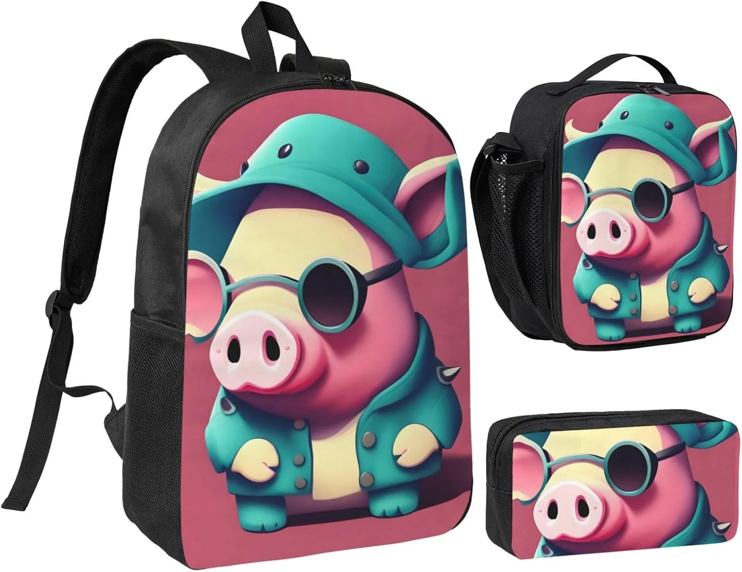 Cute Pig print Backpack Set Casual Shoulder Bag Lunch Bag Pen Pouch 3 in 1 Set 17inch for Women Men College