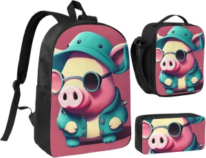 Cute Pig print Backpack Set Casual Shoulder Bag Lunch Bag Pen Pouch 3 in 1 Set 17inch for Women Men College
