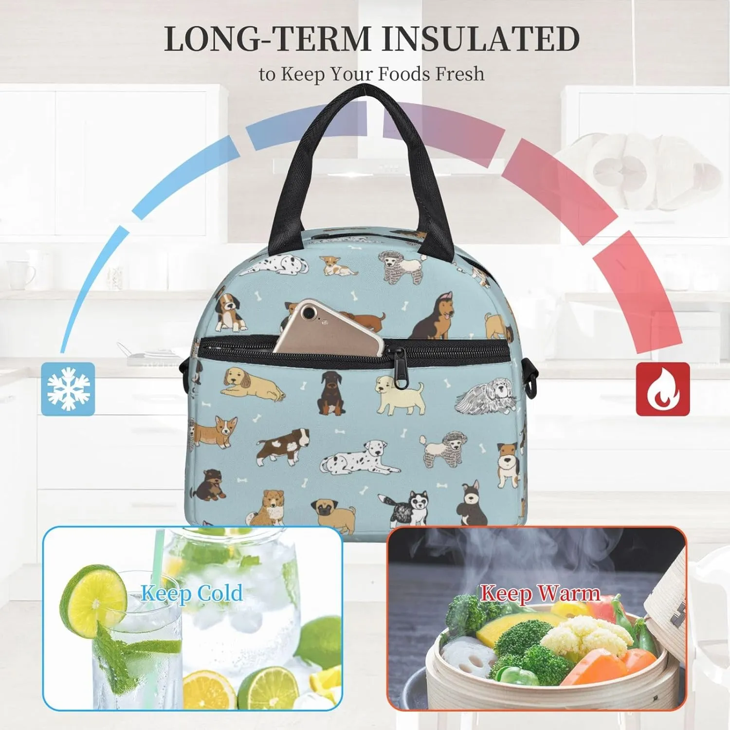 Cute Puppy Dog Pets Lunch Bag with Adjustable Shoulder Strap for Women Men Reusable Lunch Box Leakproof Tote Bags Insulated Cooler for Work Travel Outdoor(9 x 5 x 7.8 Inches)