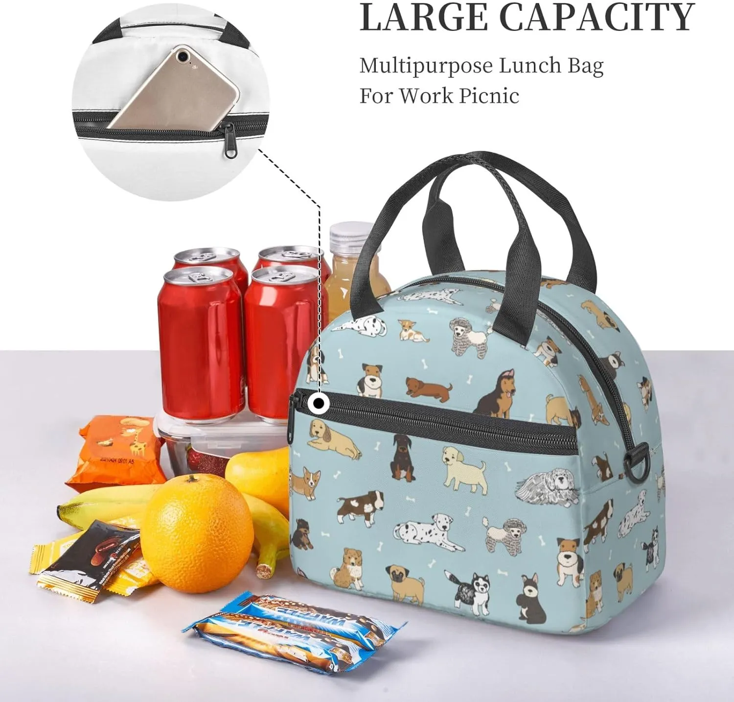 Cute Puppy Dog Pets Lunch Bag with Adjustable Shoulder Strap for Women Men Reusable Lunch Box Leakproof Tote Bags Insulated Cooler for Work Travel Outdoor(9 x 5 x 7.8 Inches)