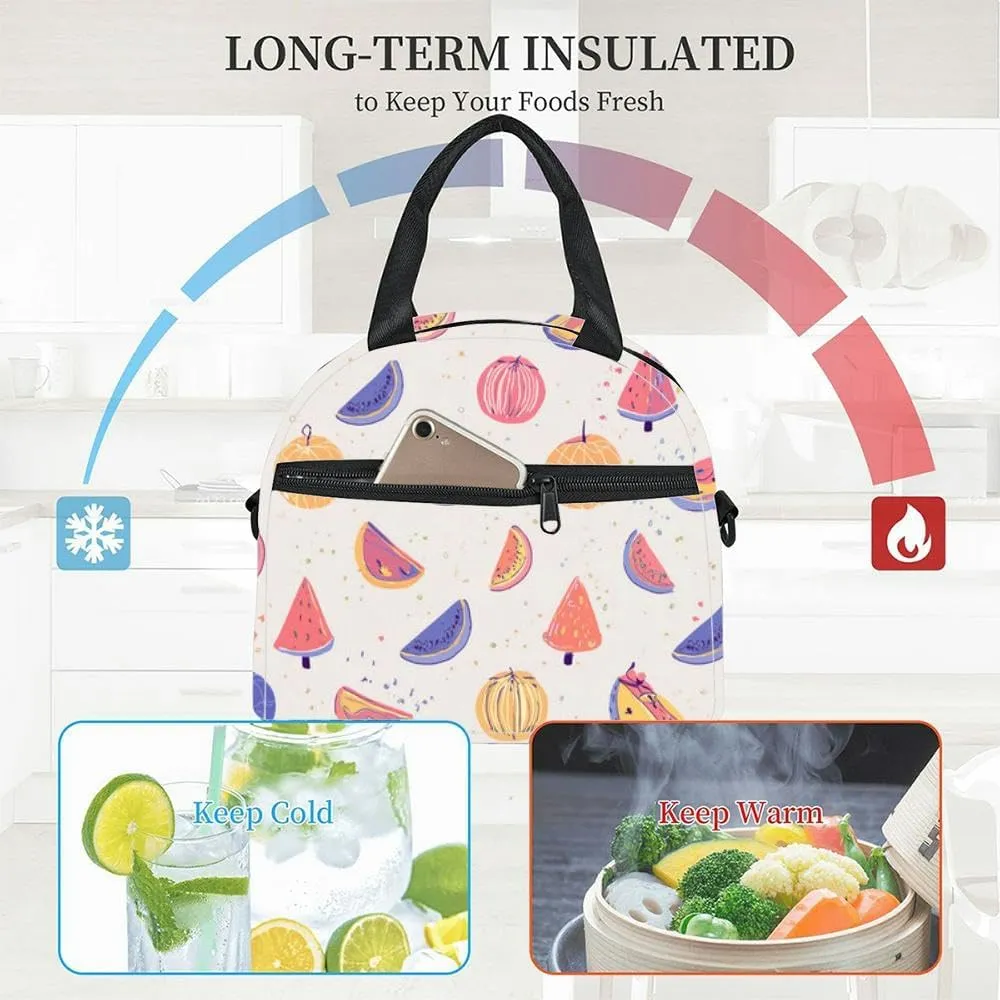 cute watermelon doodle summer fruit outline slice green fresh ripe Insulated Adult Lunch Bag with Shoulder Strap for Women Lightweight Reusable Portable Freezable Lunch Tote Bag for Work Picnic