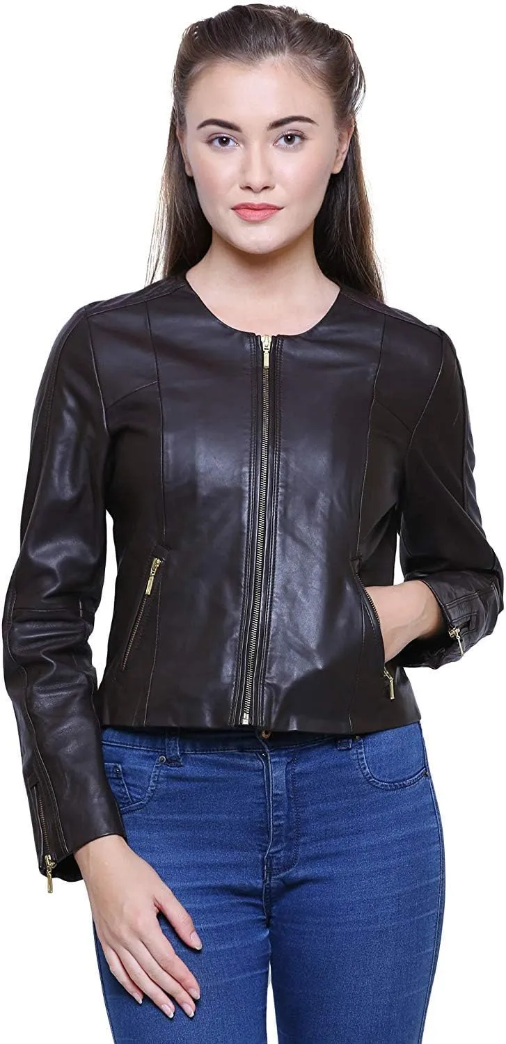 D DOLLY LAMB Women's Lambskin Leather Moto Biker Jacket, Winter Wear Round Neck Collar Jacket for Bike Riding & Casual Wear