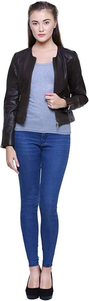D DOLLY LAMB Women's Lambskin Leather Moto Biker Jacket, Winter Wear Round Neck Collar Jacket for Bike Riding & Casual Wear