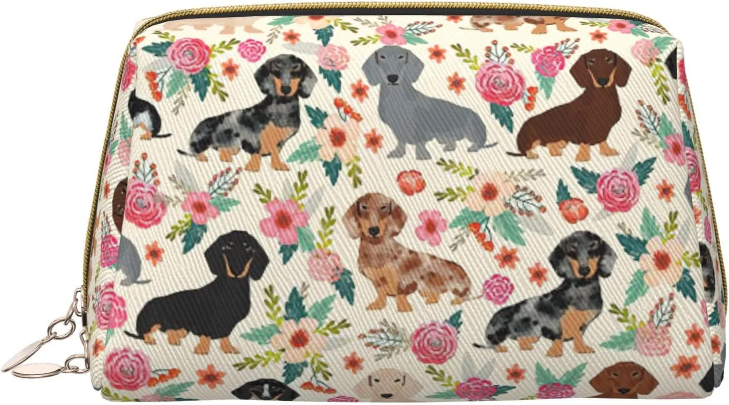 Dachshund Floral Toiletry Pouch, Travel-Friendly Makeup Organizer For Makeup Brushes, Lipsticks