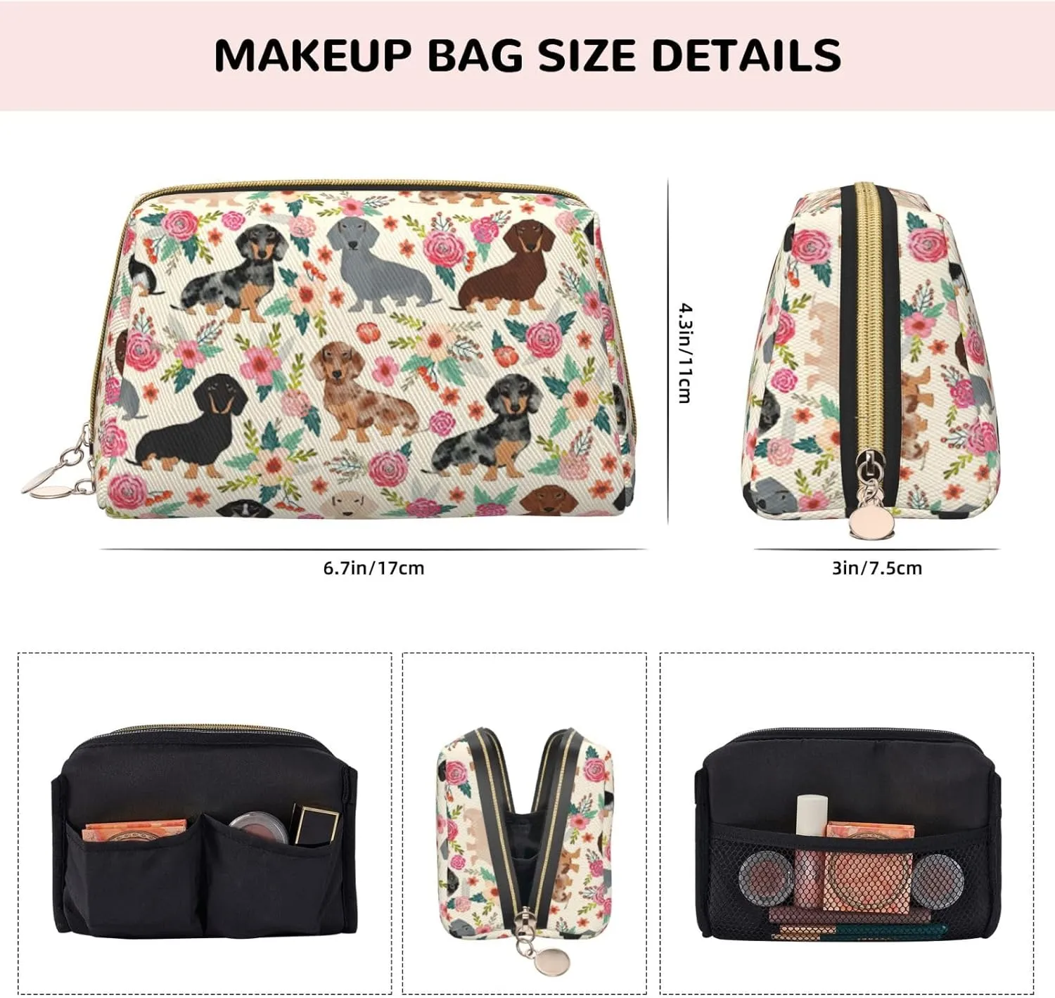 Dachshund Floral Toiletry Pouch, Travel-Friendly Makeup Organizer For Makeup Brushes, Lipsticks