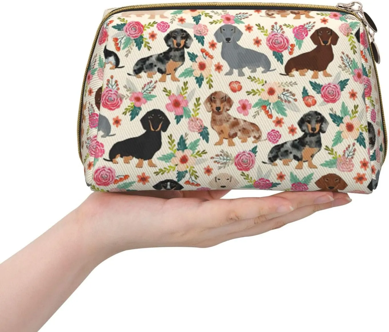 Dachshund Floral Toiletry Pouch, Travel-Friendly Makeup Organizer For Makeup Brushes, Lipsticks