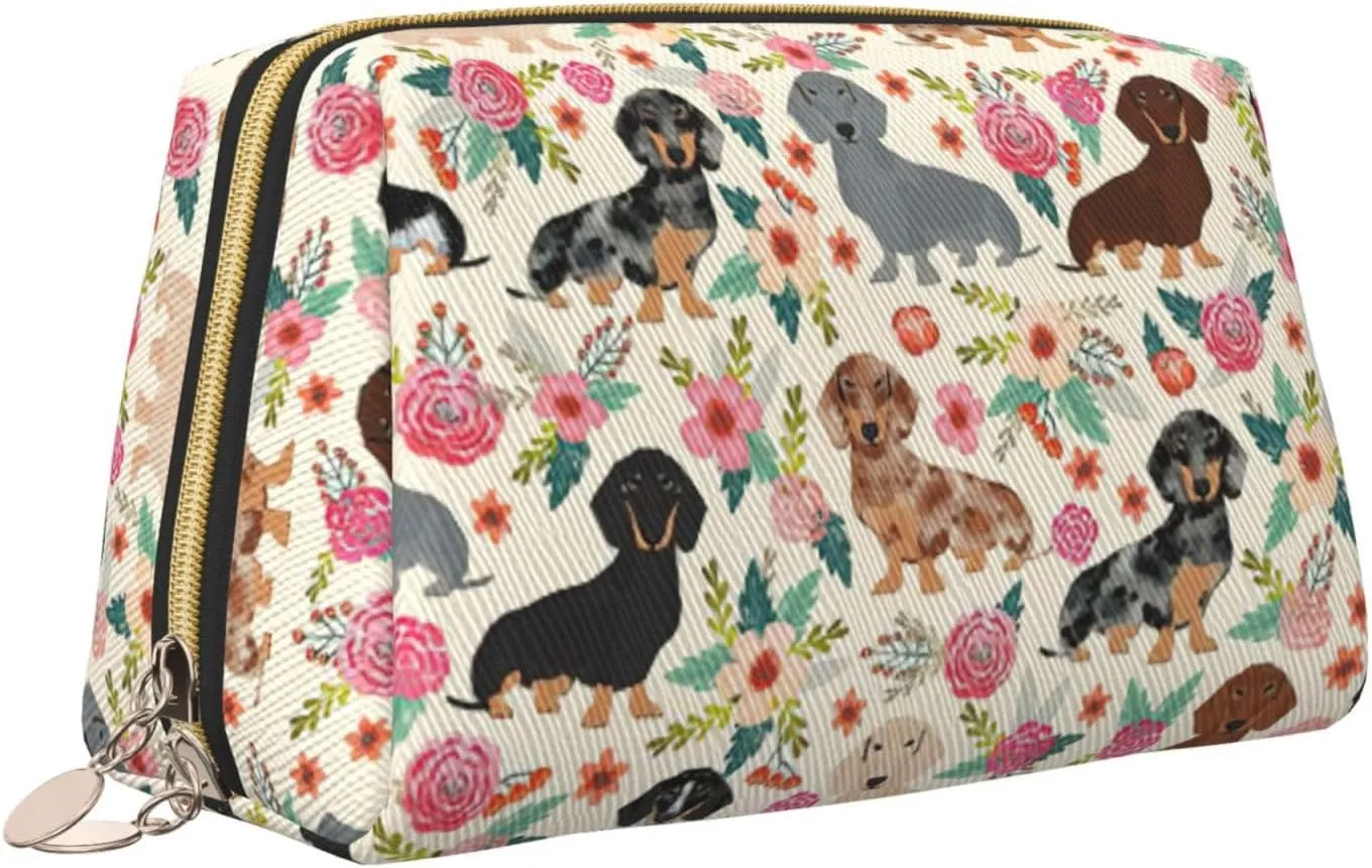 Dachshund Floral Toiletry Pouch, Travel-Friendly Makeup Organizer For Makeup Brushes, Lipsticks