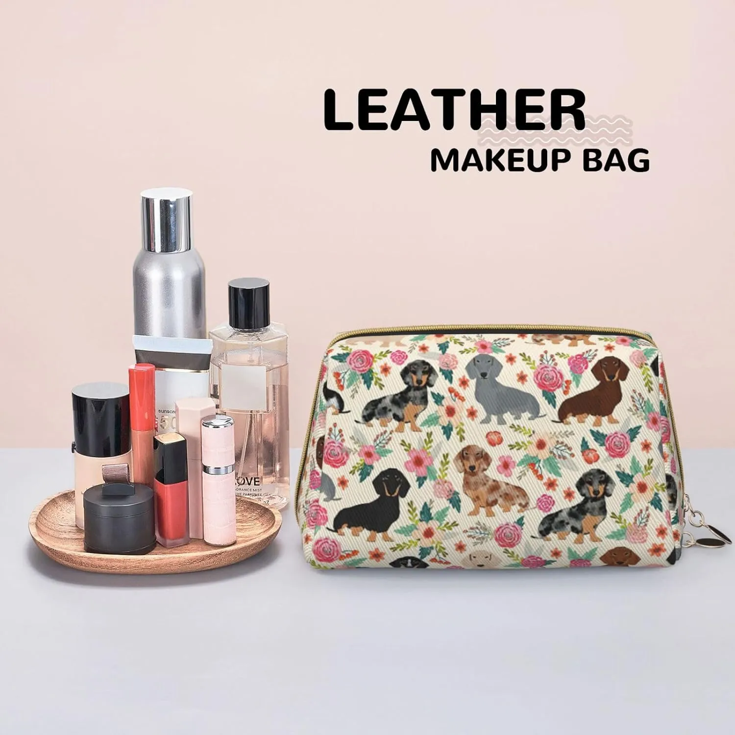 Dachshund Floral Toiletry Pouch, Travel-Friendly Makeup Organizer For Makeup Brushes, Lipsticks