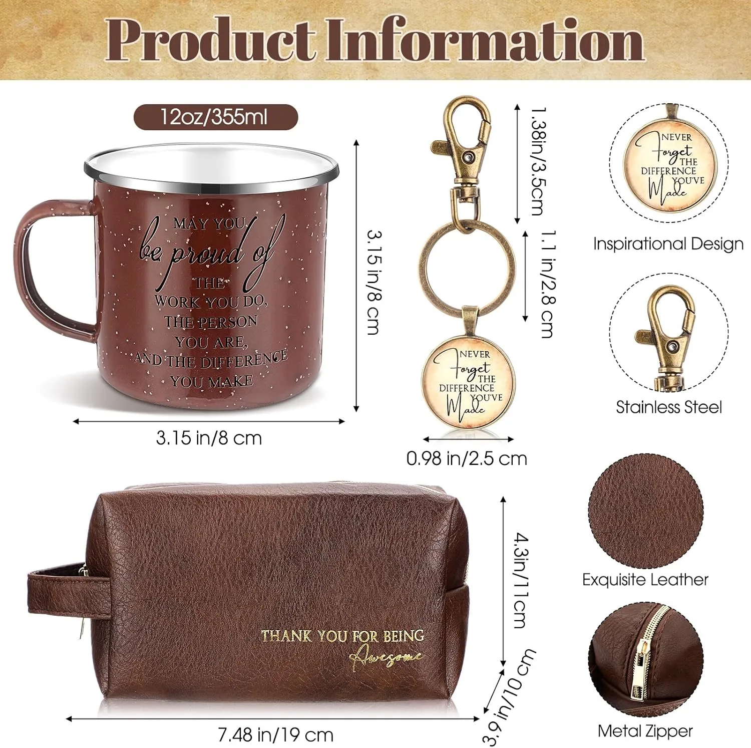 Dandat 3 Pcs Thank You Gift for Men Employee Appreciation Gift Leather Toiletry Bag 12 oz Inspirational Enamel Mug Motivational Keychain May You Be Proud Sign for Coach Men Teacher Male Staff (Brown)
