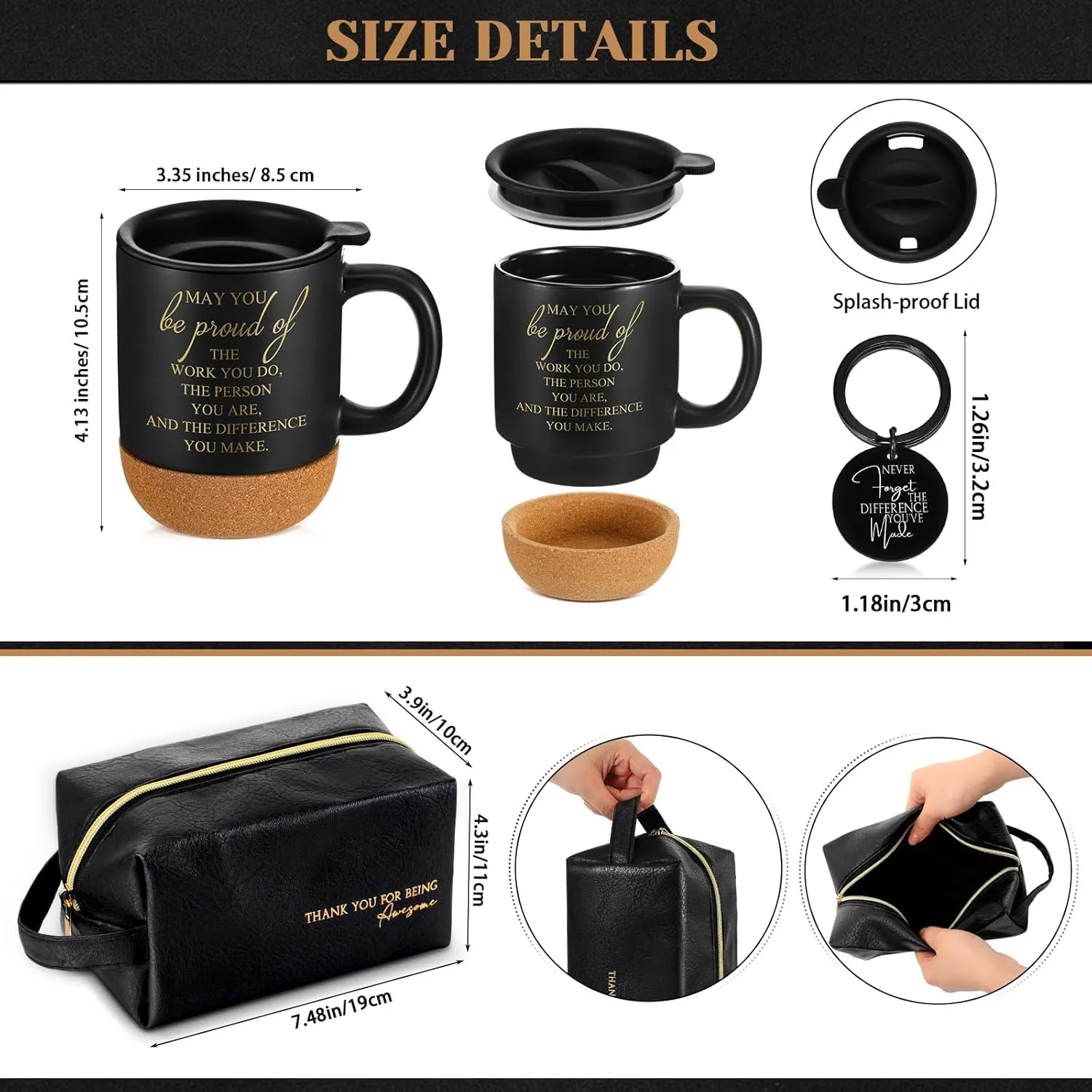 Dandat 3 Thank You Gift for Men Coworker Dad Leather Toiletry Bag Travel May You Be Proud of the Work Sign 15Oz Coffee Cup with Inspirational Keychain for Male Teacher Nurse Coach Staff (Black)
