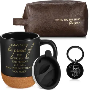Dandat 3 Thank You Gift for Men Coworker Dad Leather Toiletry Bag Travel May You Be Proud of the Work Sign 15Oz Coffee Cup with Inspirational Keychain for Male Teacher Nurse Coach Staff(Brown)