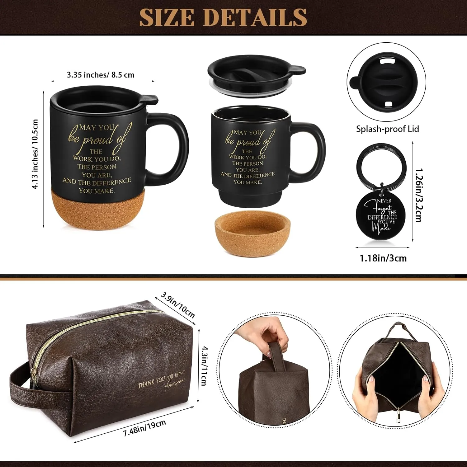 Dandat 3 Thank You Gift for Men Coworker Dad Leather Toiletry Bag Travel May You Be Proud of the Work Sign 15Oz Coffee Cup with Inspirational Keychain for Male Teacher Nurse Coach Staff(Brown)