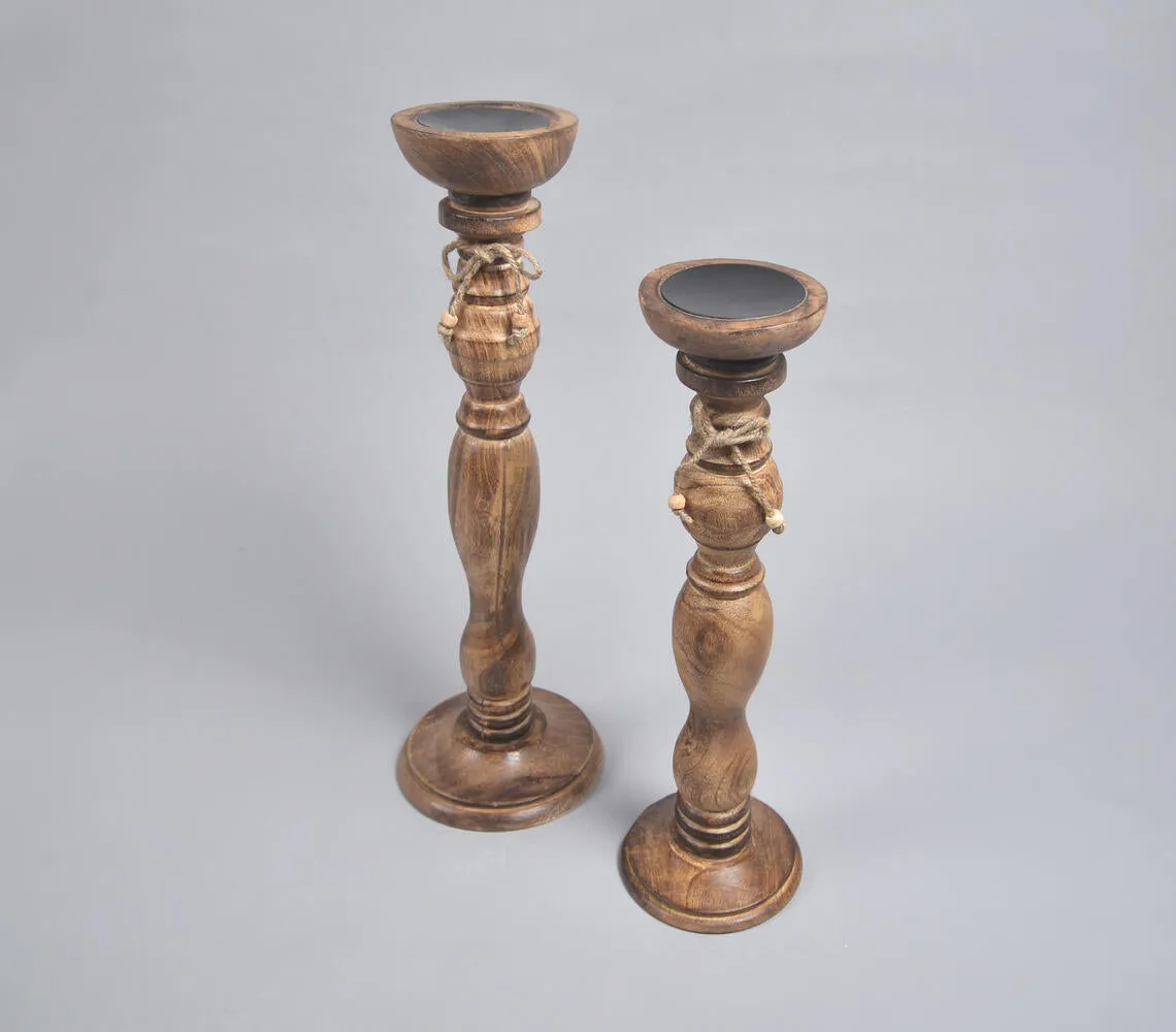 Dark Burnt Wooden Candle Holders (Set of 2)