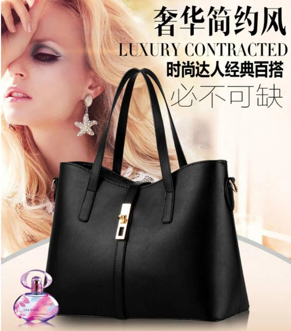 Dayfine Women's PU Leather Solid Handbag Lock Bag Large Capacity Shoulder Bag Diagonal Tote