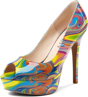 DearOnly Women's Sky High Heels Platform Pumps Slip On Sexy Peep Toe Stilettos 5" Heel Classic Dress Party Footwear Shoes