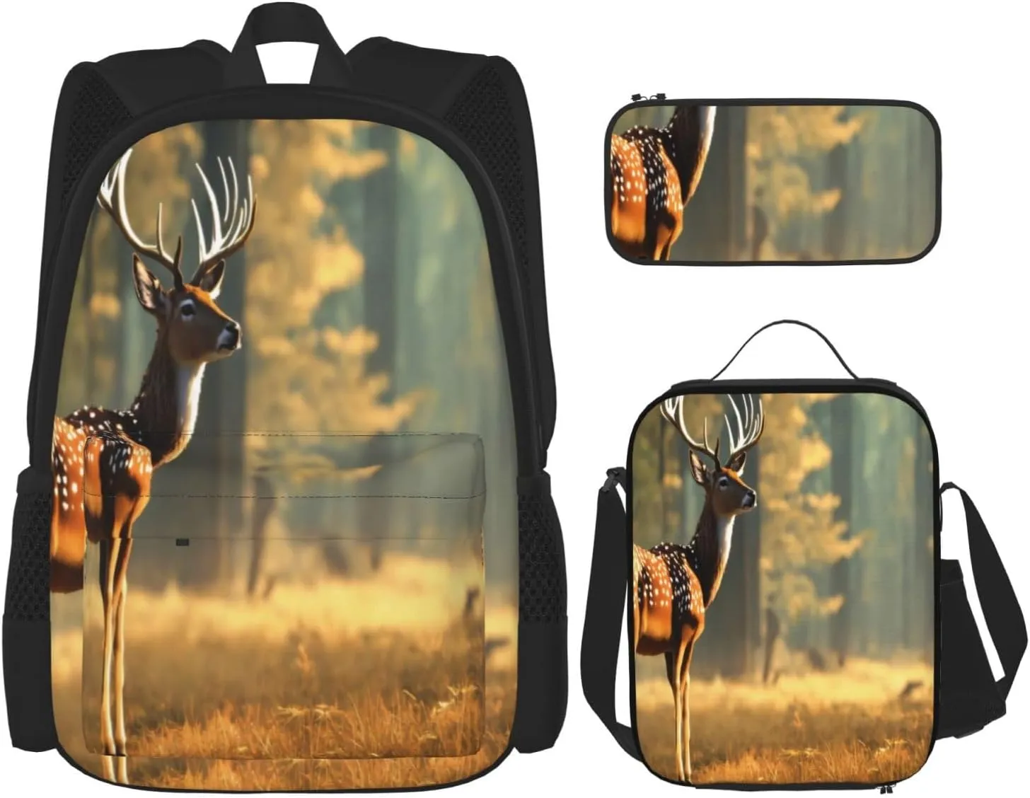Deer Print Pocket Backpack,Pencil Case And Lunch Bag Set For Men And Women,Large Capacity