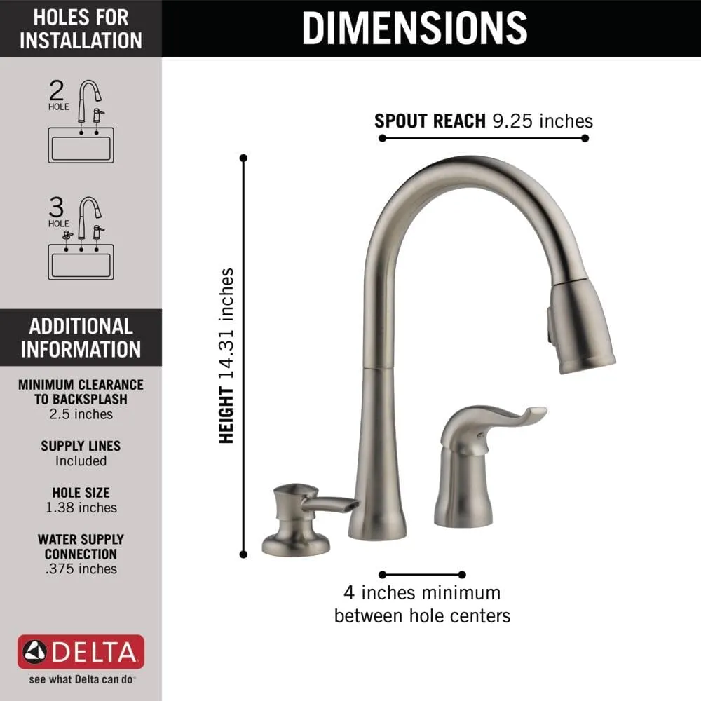 Delta Faucet Kate Pull Down Kitchen Faucet Brushed Nickel, Kitchen Faucets with Pull Down Sprayer, Kitchen Sink Faucet, Faucet for Kitchen Sink, Soap Dispenser, Stainless 16970-SSSD-DST