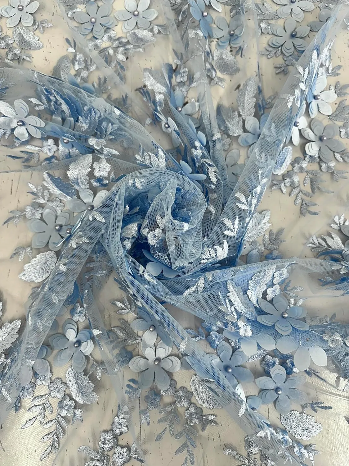Deluxe 3D Floral Mesh Bridal Lace Fabric - Tear Resistant - 2 Way Stretch Laces Fabric - Scalloped Edges - Polyester Mesh - Apparel, Curtains, or Crafts - Lightweight - 55" Wide - 1 Yard (Baby Blue)