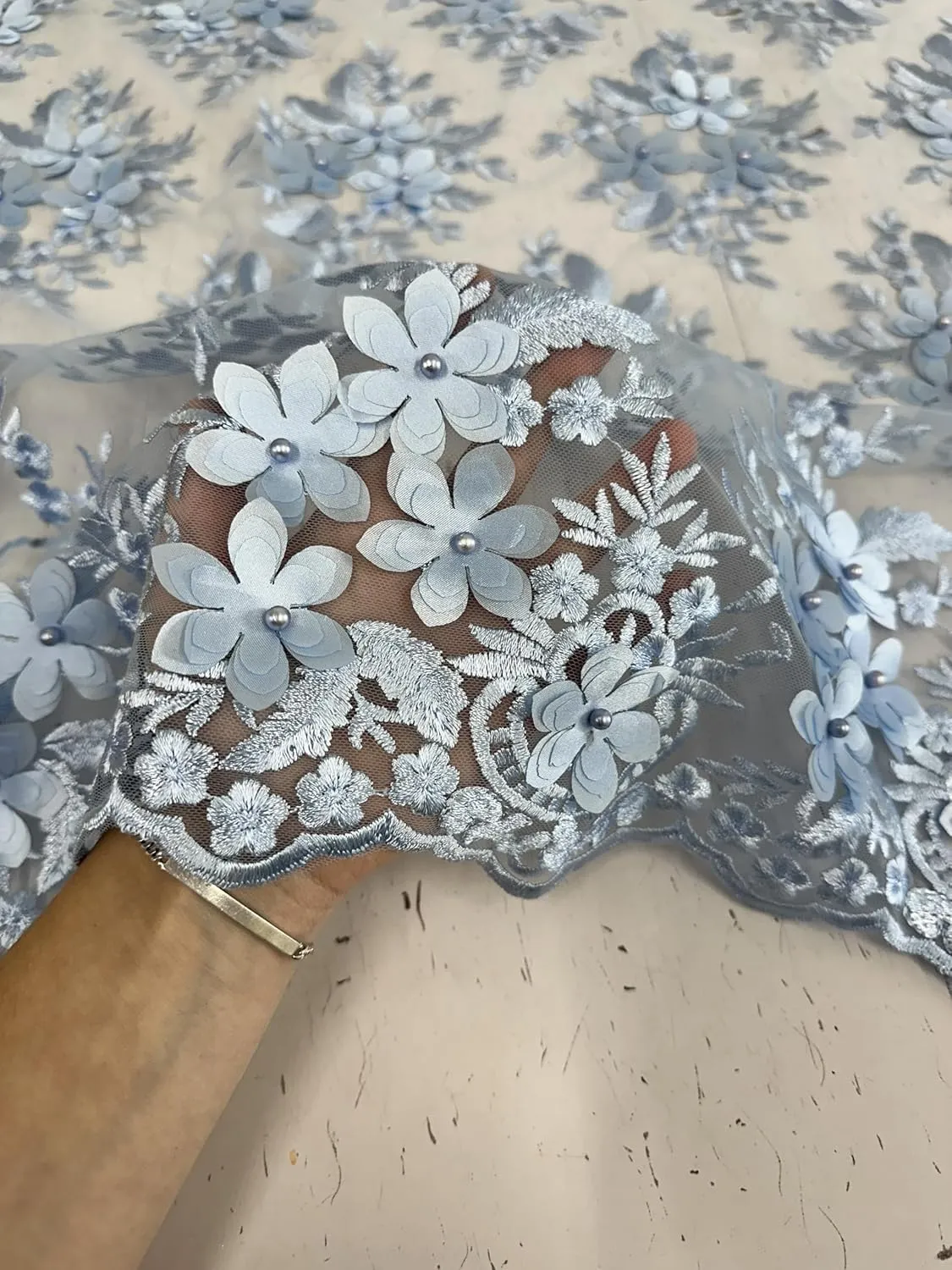 Deluxe 3D Floral Mesh Bridal Lace Fabric - Tear Resistant - 2 Way Stretch Laces Fabric - Scalloped Edges - Polyester Mesh - Apparel, Curtains, or Crafts - Lightweight - 55" Wide - 1 Yard (Baby Blue)