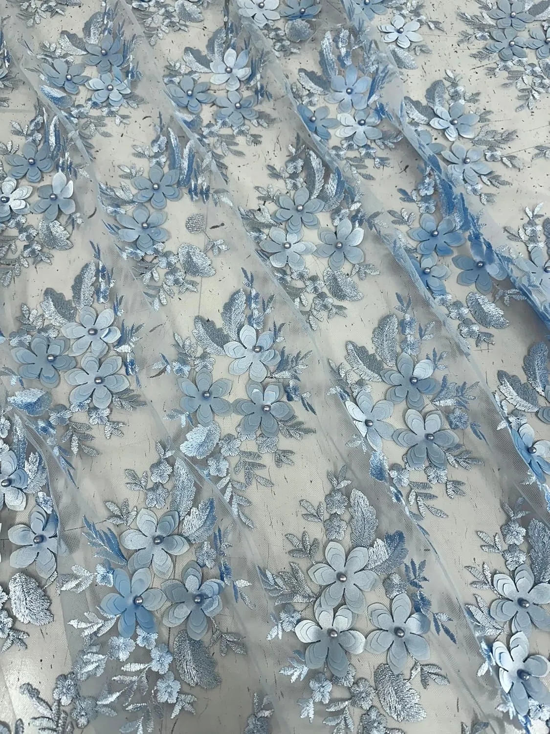 Deluxe 3D Floral Mesh Bridal Lace Fabric - Tear Resistant - 2 Way Stretch Laces Fabric - Scalloped Edges - Polyester Mesh - Apparel, Curtains, or Crafts - Lightweight - 55" Wide - 1 Yard (Baby Blue)