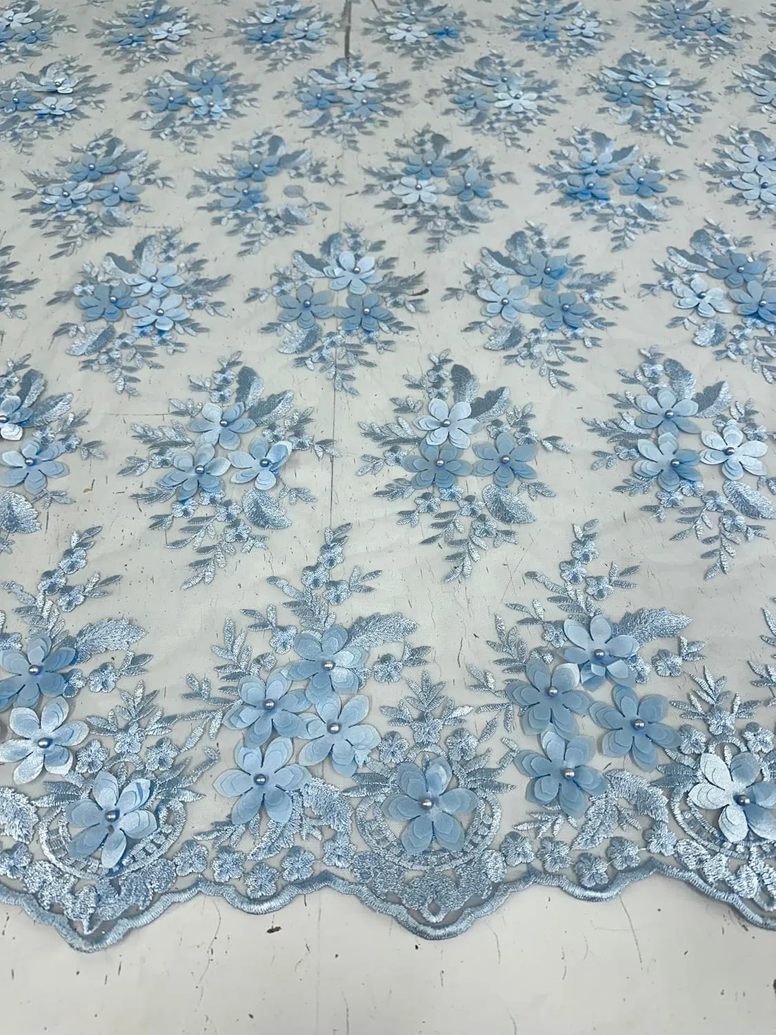 Deluxe 3D Floral Mesh Bridal Lace Fabric - Tear Resistant - 2 Way Stretch Laces Fabric - Scalloped Edges - Polyester Mesh - Apparel, Curtains, or Crafts - Lightweight - 55" Wide - 1 Yard (Baby Blue)
