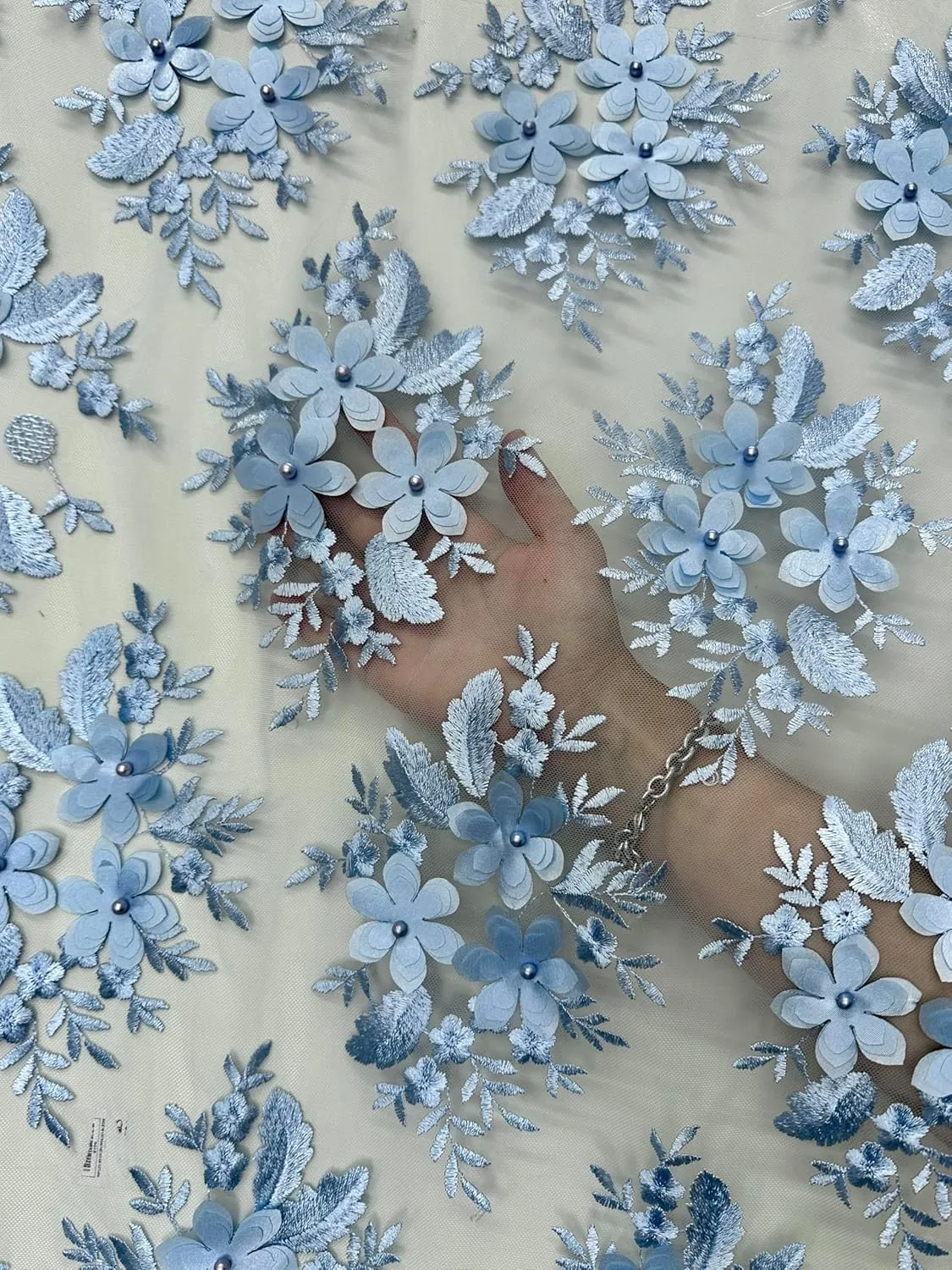 Deluxe 3D Floral Mesh Bridal Lace Fabric - Tear Resistant - 2 Way Stretch Laces Fabric - Scalloped Edges - Polyester Mesh - Apparel, Curtains, or Crafts - Lightweight - 55" Wide - 1 Yard (Baby Blue)