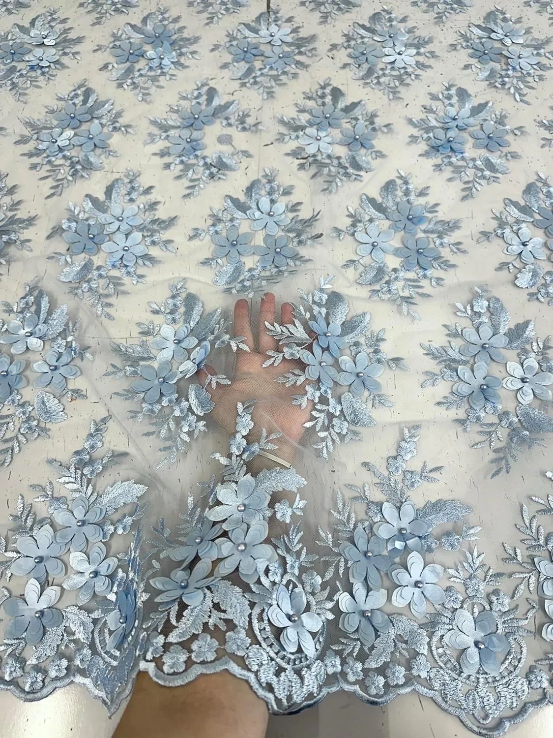 Deluxe 3D Floral Mesh Bridal Lace Fabric - Tear Resistant - 2 Way Stretch Laces Fabric - Scalloped Edges - Polyester Mesh - Apparel, Curtains, or Crafts - Lightweight - 55" Wide - 1 Yard (Baby Blue)